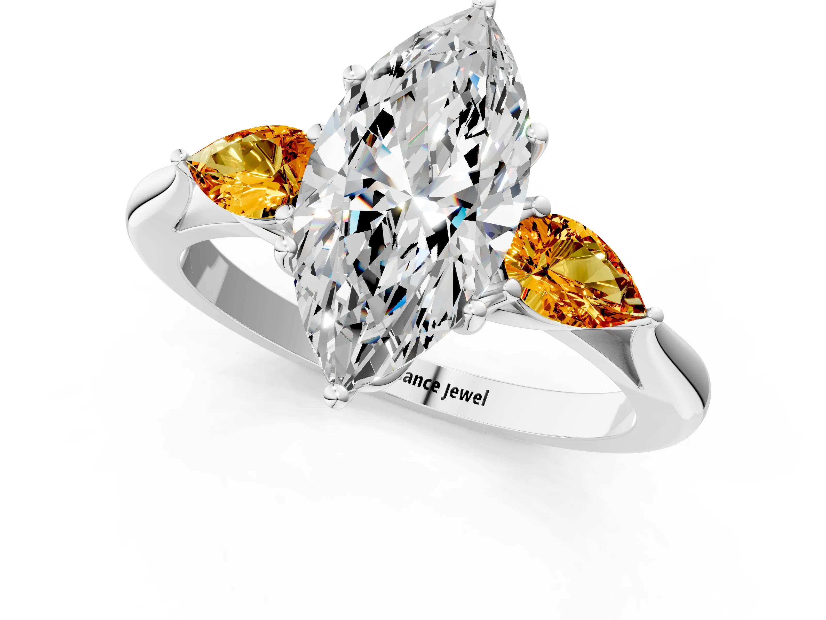 White gold Marquise Cut Diamond Three-Stone Ring with Pear with Citrine side stone Side Stones and Prong Setting_43