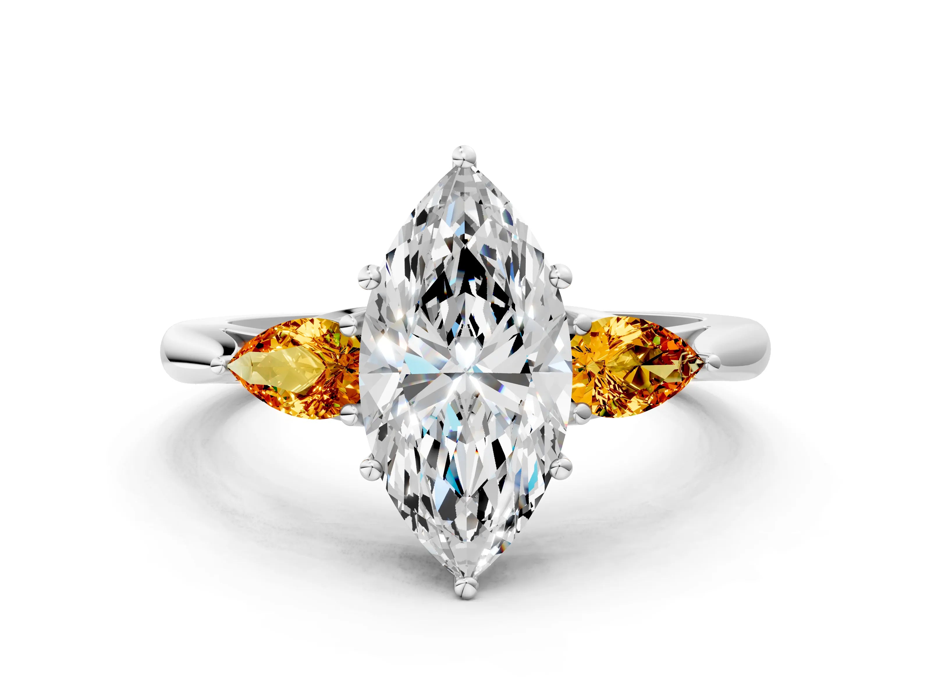 White gold Marquise Cut Diamond Three-Stone Ring with Pear with Citrine side stone Side Stones and Prong Setting_44