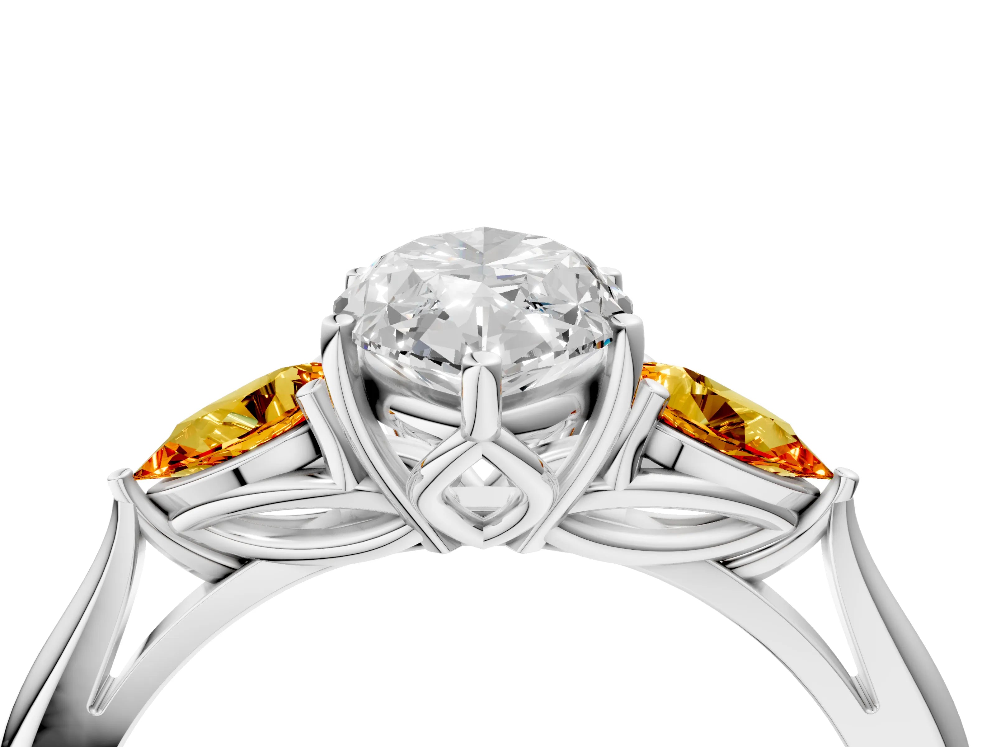 White gold Marquise Cut Diamond Three-Stone Ring with Pear with Citrine side stone Side Stones and Prong Setting_46