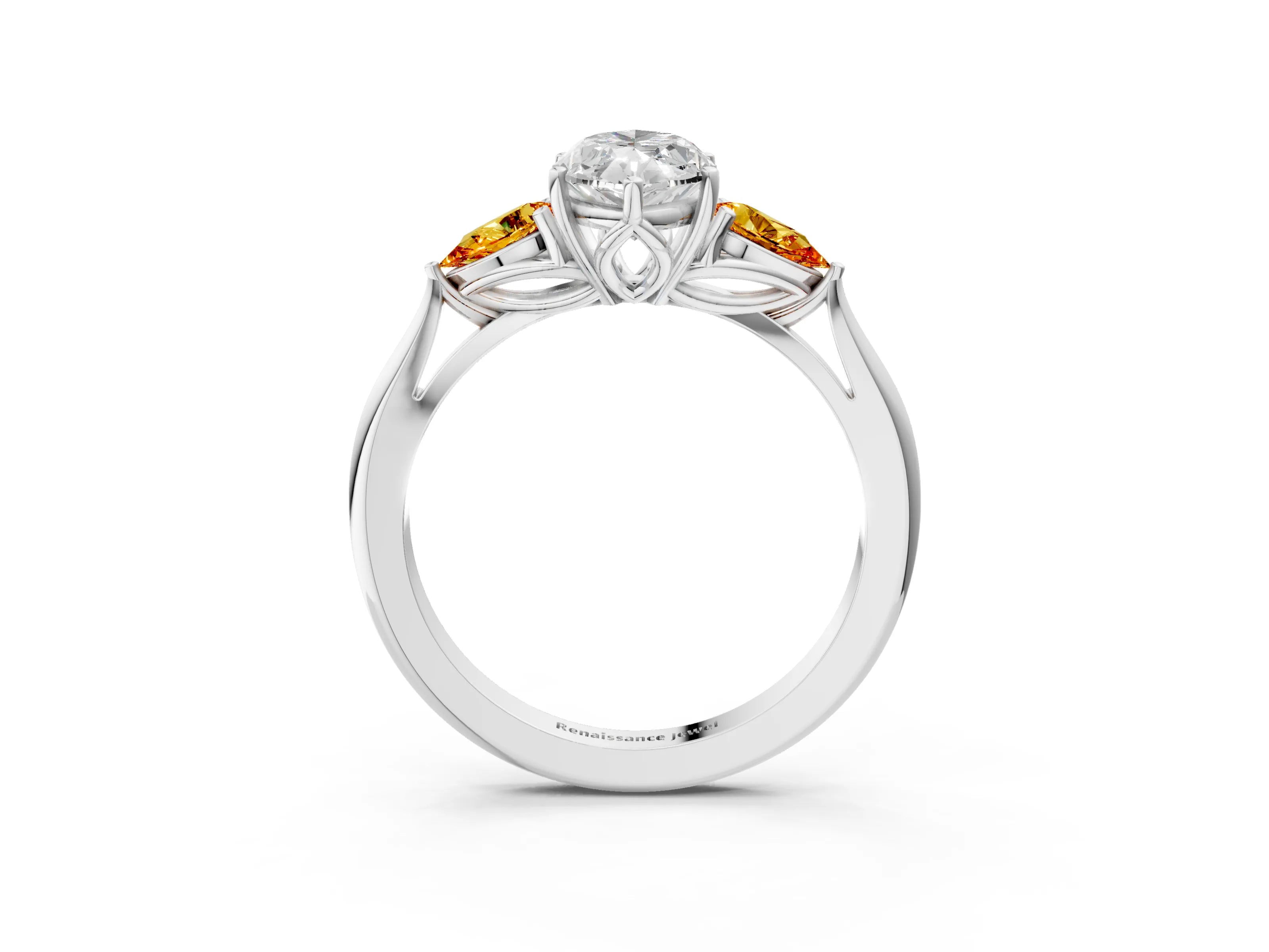 White gold Marquise Cut Diamond Three-Stone Ring with Pear with Citrine side stone Side Stones and Prong Setting_47
