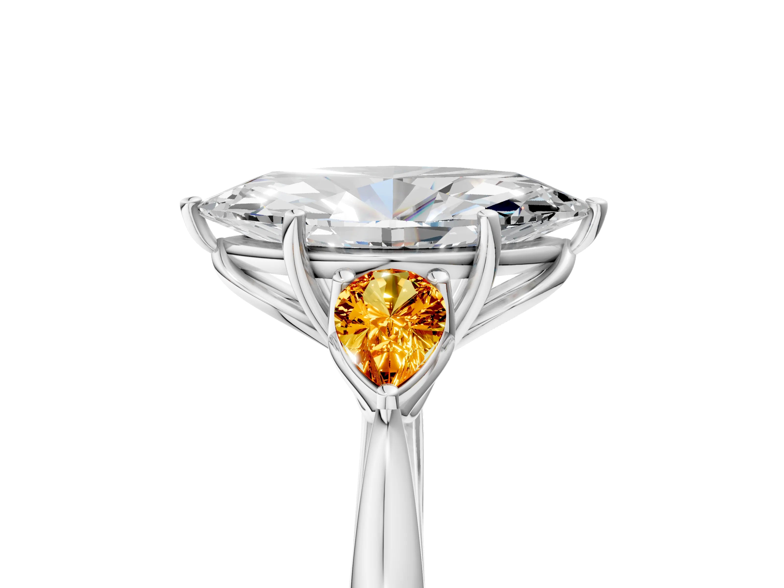 White gold Marquise Cut Diamond Three-Stone Ring with Pear with Citrine side stone Side Stones and Prong Setting_47