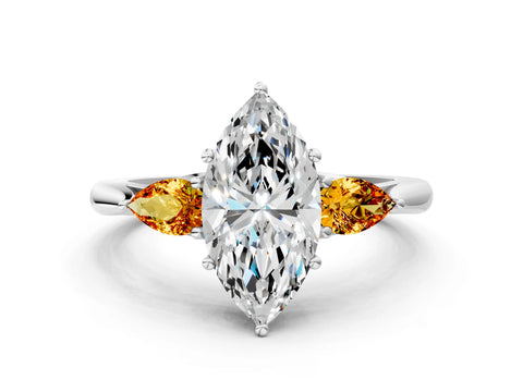 White gold Marquise Cut Diamond Three-Stone Ring with Pear with Citrine side stone Side Stones and Prong Setting_54