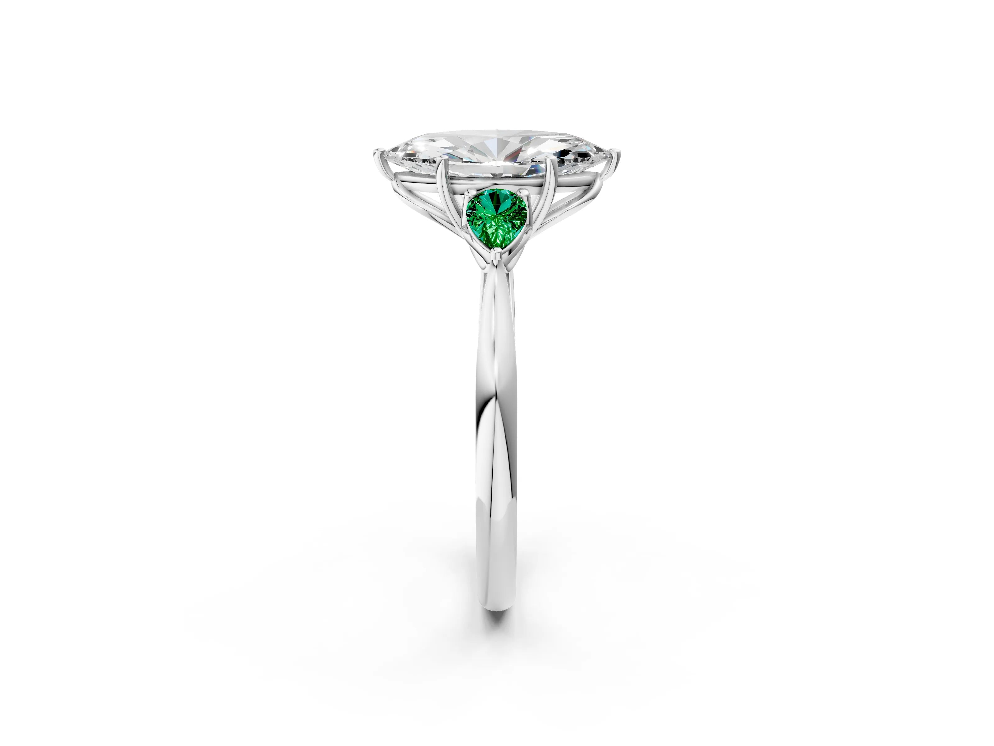 White gold Marquise Cut Diamond Three-Stone Ring with Pear with Emerald side stone Side Stones and Prong Setting_50