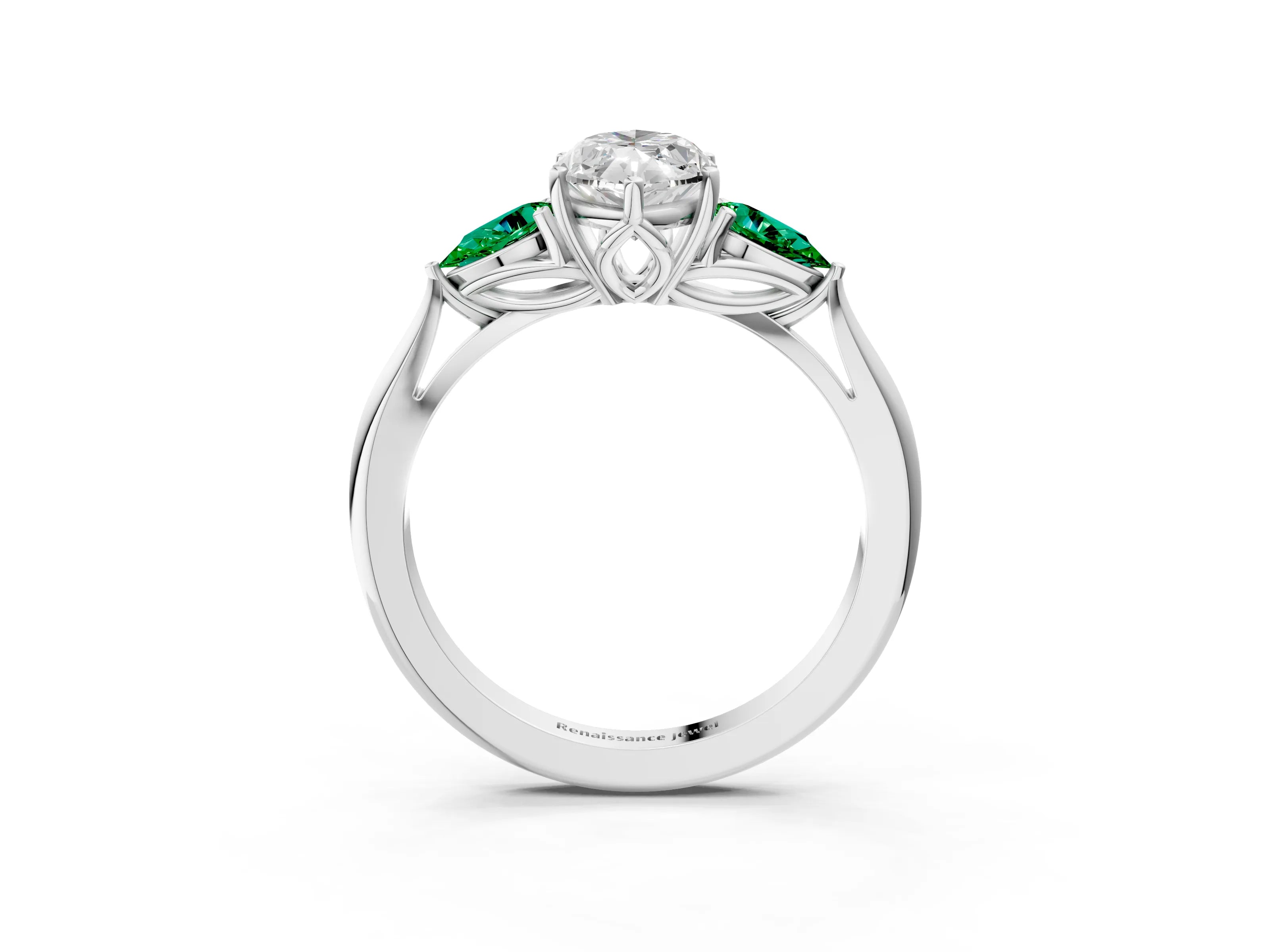 White gold Marquise Cut Diamond Three-Stone Ring with Pear with Emerald side stone Side Stones and Prong Setting_51
