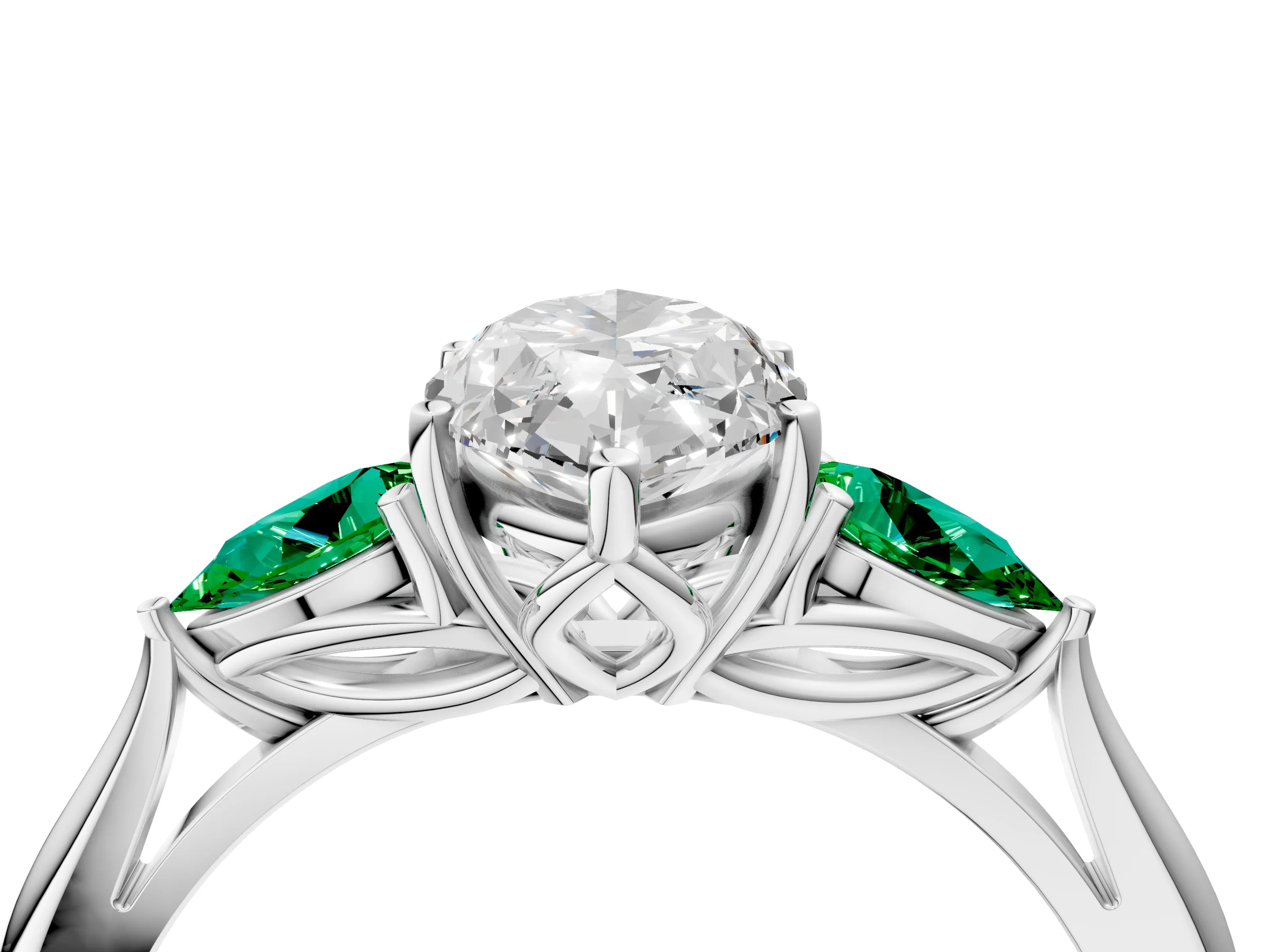 White gold Marquise Cut Diamond Three-Stone Ring with Pear with Emerald side stone Side Stones and Prong Setting_52