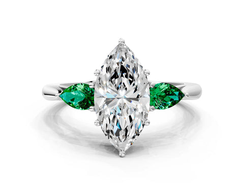 White gold Marquise Cut Diamond Three-Stone Ring with Pear with Emerald side stone Side Stones and Prong Setting_72