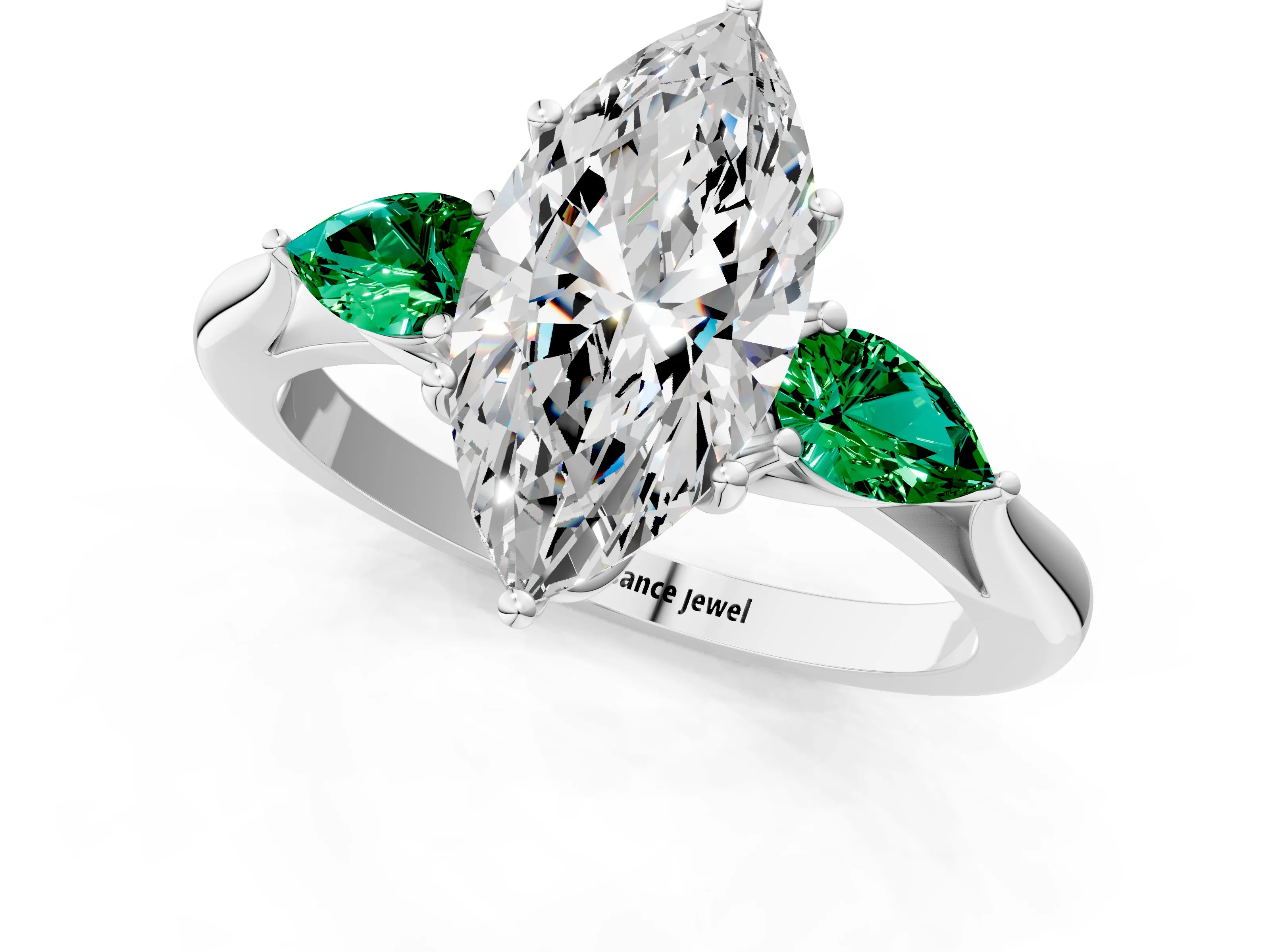White gold Marquise Cut Diamond Three-Stone Ring with Pear with Emerald side stone Side Stones and Prong Setting_73