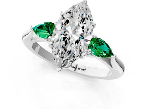 White gold Marquise Cut Diamond Three-Stone Ring with Pear with Emerald side stone Side Stones and Prong Setting_73
