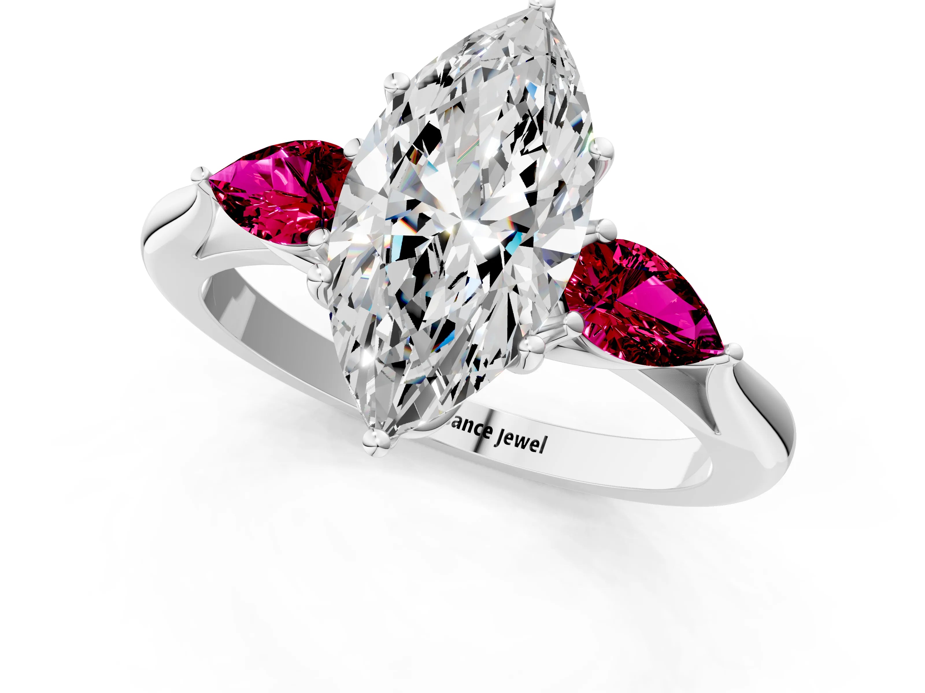 White gold Marquise Cut Diamond Three-Stone Ring with Pear with Garnet side stone Side Stones and Prong Setting_25