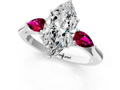 White gold Marquise Cut Diamond Three-Stone Ring with Pear with Garnet side stone Side Stones and Prong Setting_25