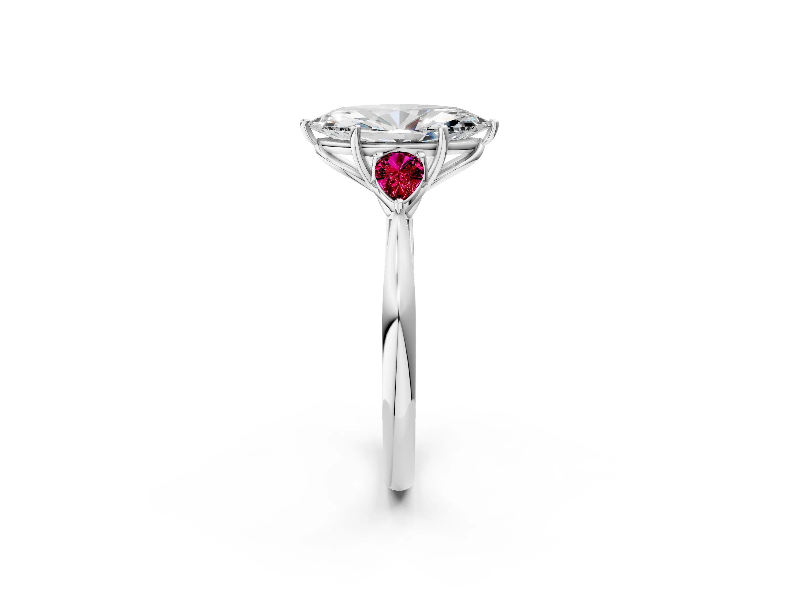 White gold Marquise Cut Diamond Three-Stone Ring with Pear with Garnet side stone Side Stones and Prong Setting_26