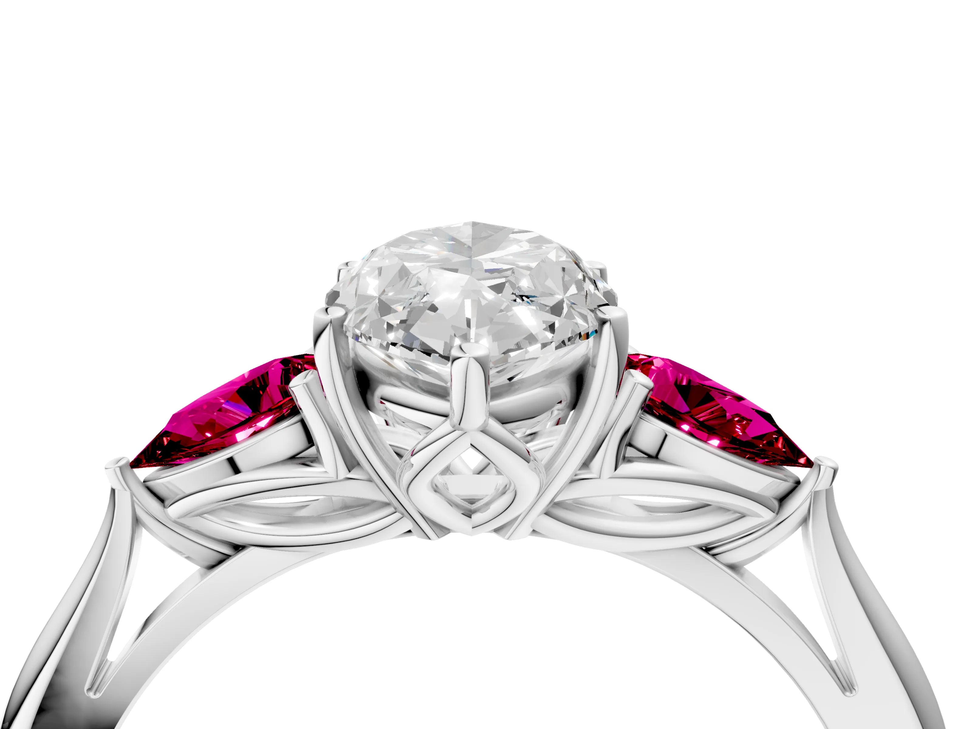 White gold Marquise Cut Diamond Three-Stone Ring with Pear with Garnet side stone Side Stones and Prong Setting_28