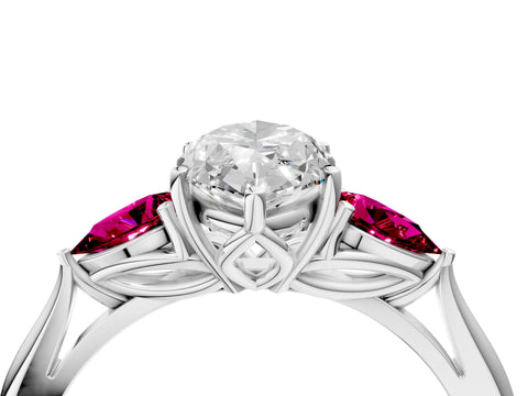 White gold Marquise Cut Diamond Three-Stone Ring with Pear with Garnet side stone Side Stones and Prong Setting_28