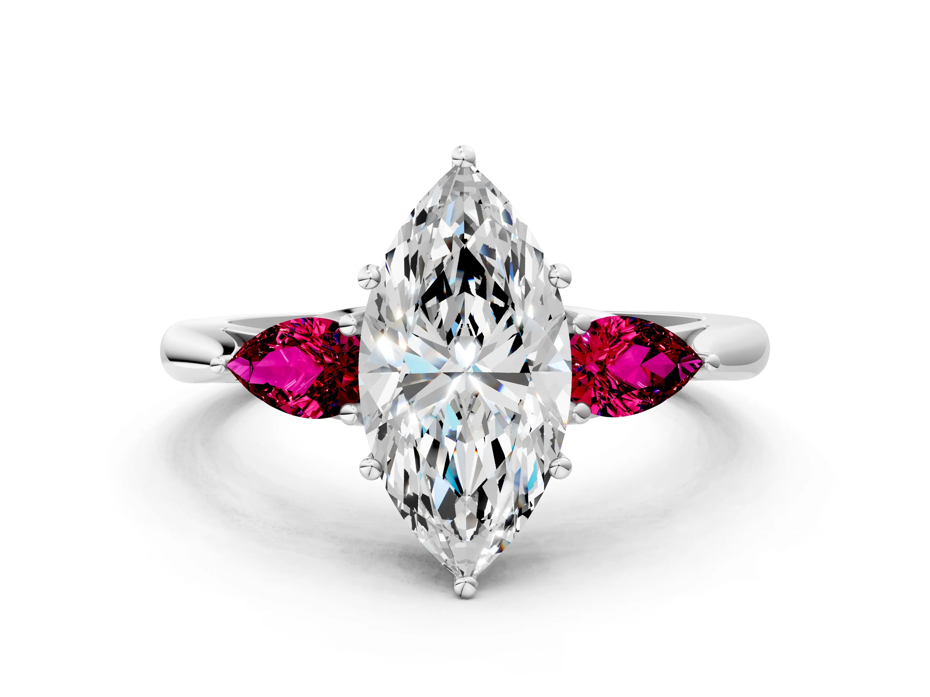 White gold Marquise Cut Diamond Three-Stone Ring with Pear with Garnet side stone Side Stones and Prong Setting_48