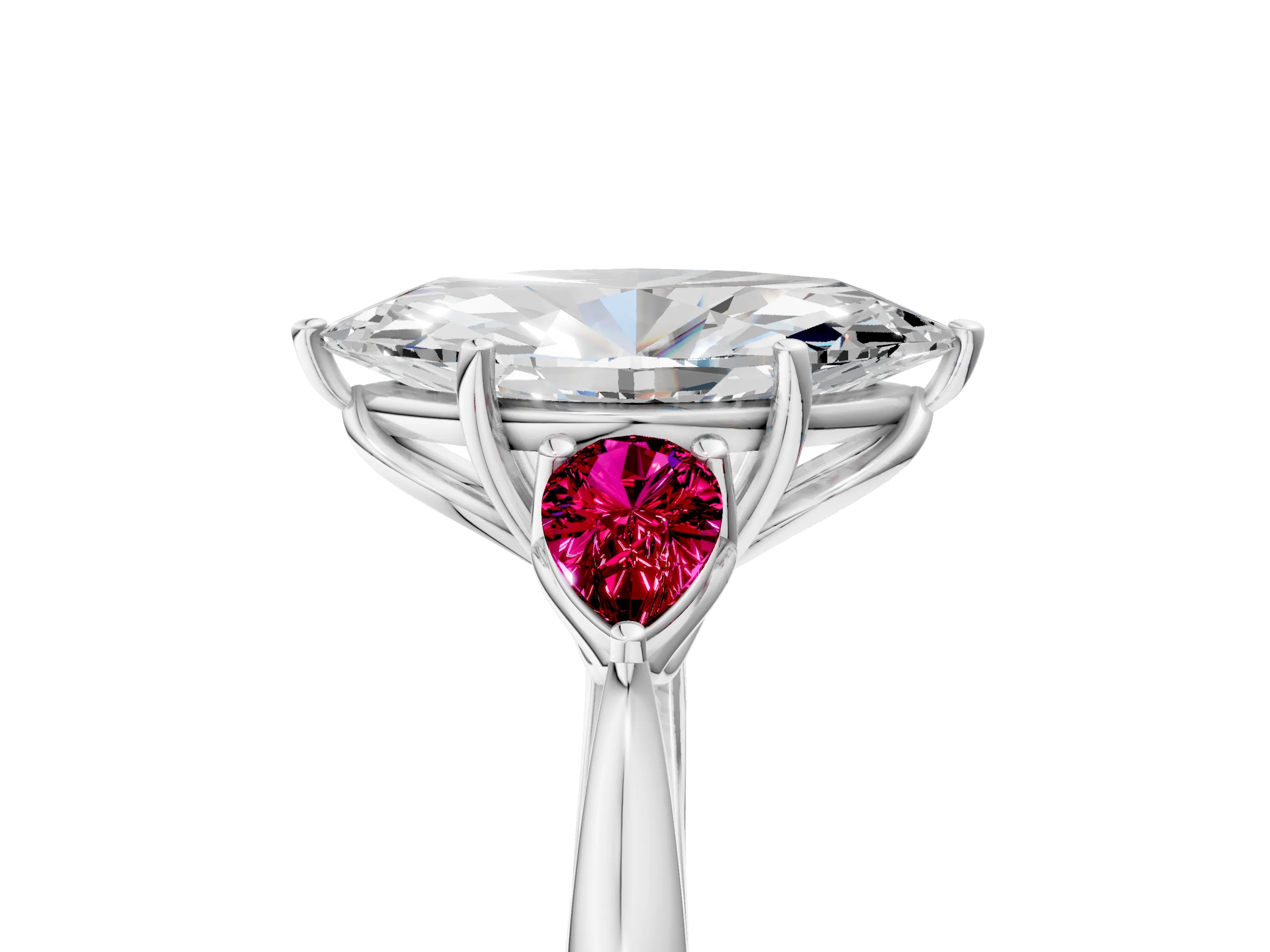 White gold Marquise Cut Diamond Three-Stone Ring with Pear with Garnet side stone Side Stones and Prong Setting_53