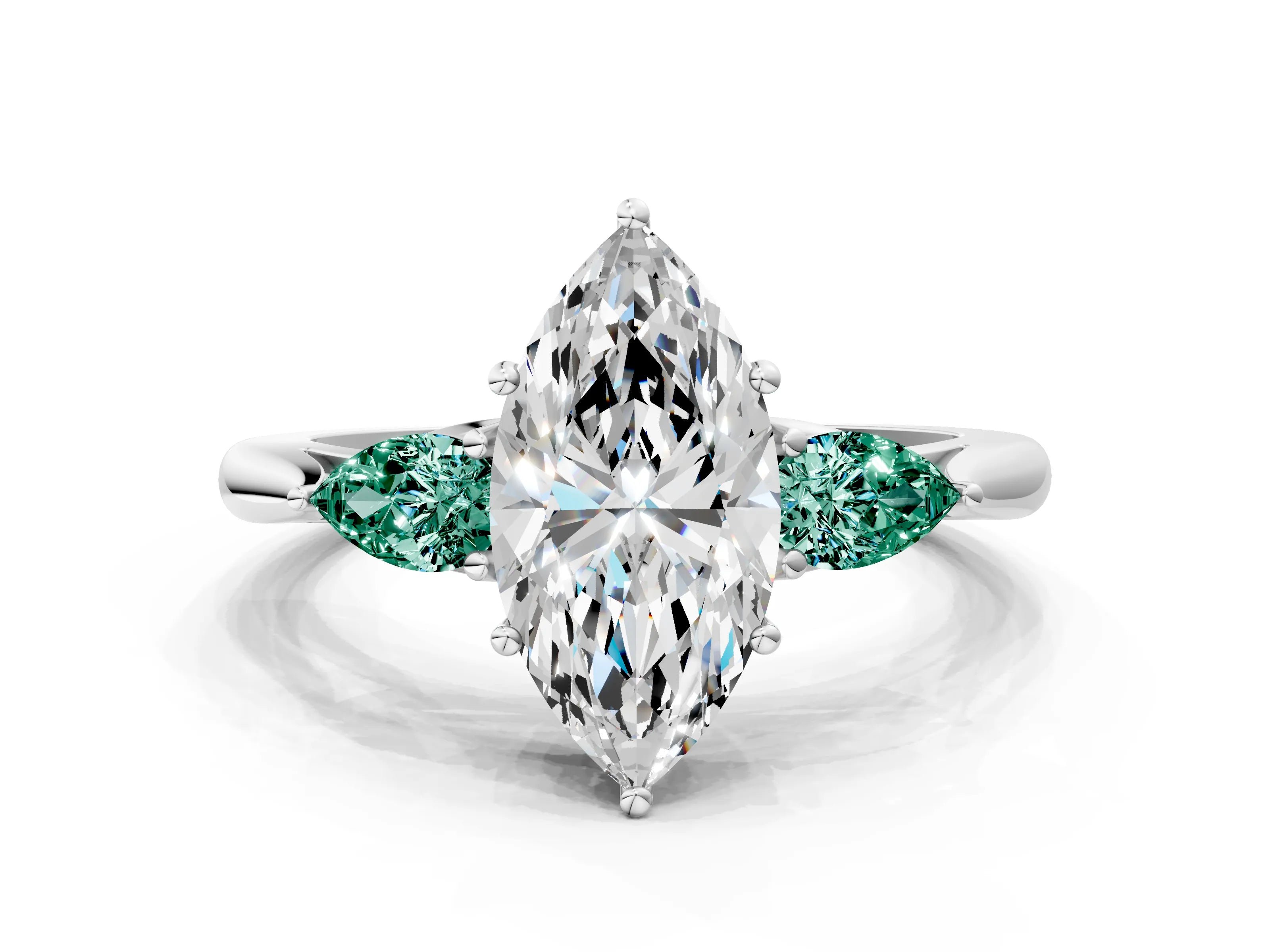 White gold Marquise Cut Diamond Three-Stone Ring with Pear with Green Sapphire side stone Side Stones and Prong Setting_48