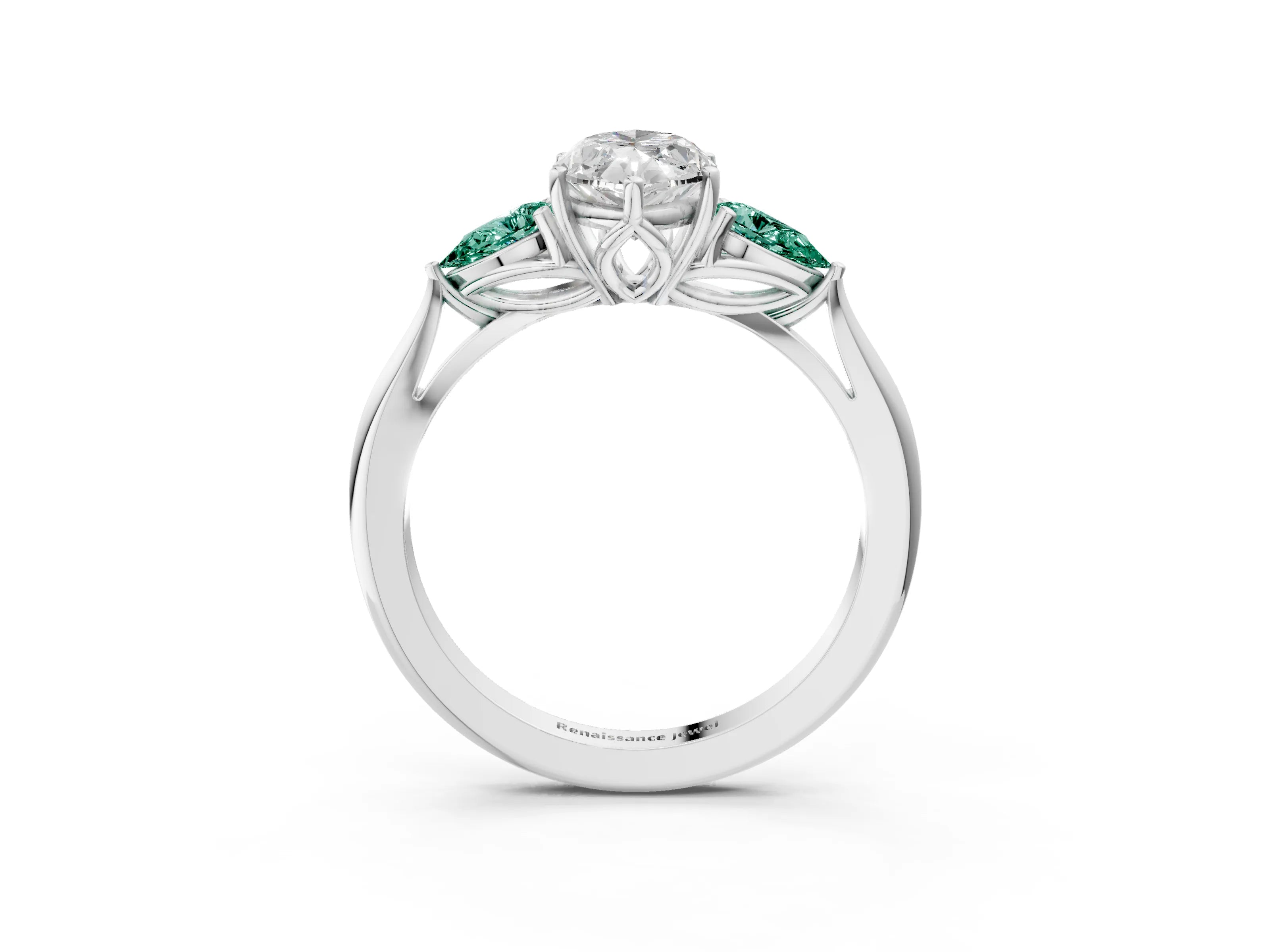 White gold Marquise Cut Diamond Three-Stone Ring with Pear with Green Sapphire side stone Side Stones and Prong Setting_51