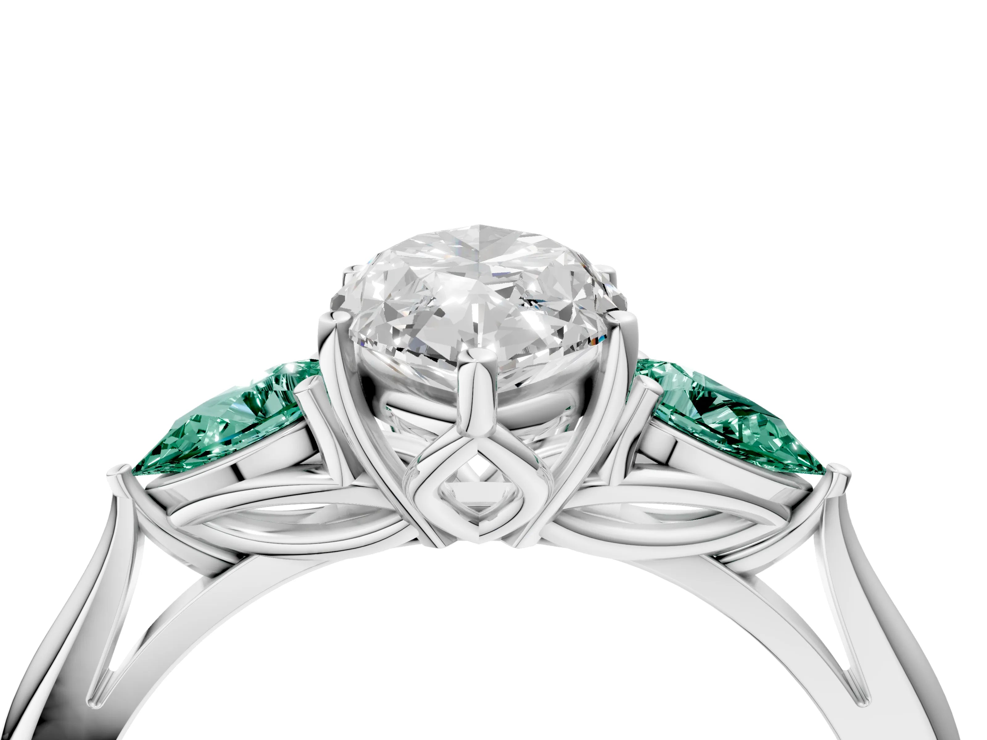 White gold Marquise Cut Diamond Three-Stone Ring with Pear with Green Sapphire side stone Side Stones and Prong Setting_52
