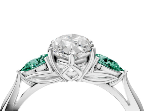White gold Marquise Cut Diamond Three-Stone Ring with Pear with Green Sapphire side stone Side Stones and Prong Setting_52