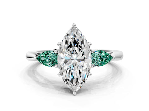 White gold Marquise Cut Diamond Three-Stone Ring with Pear with Green Sapphire side stone Side Stones and Prong Setting_54