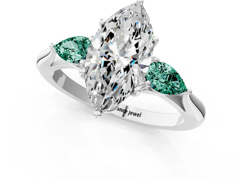 White gold Marquise Cut Diamond Three-Stone Ring with Pear with Green Sapphire side stone Side Stones and Prong Setting_55