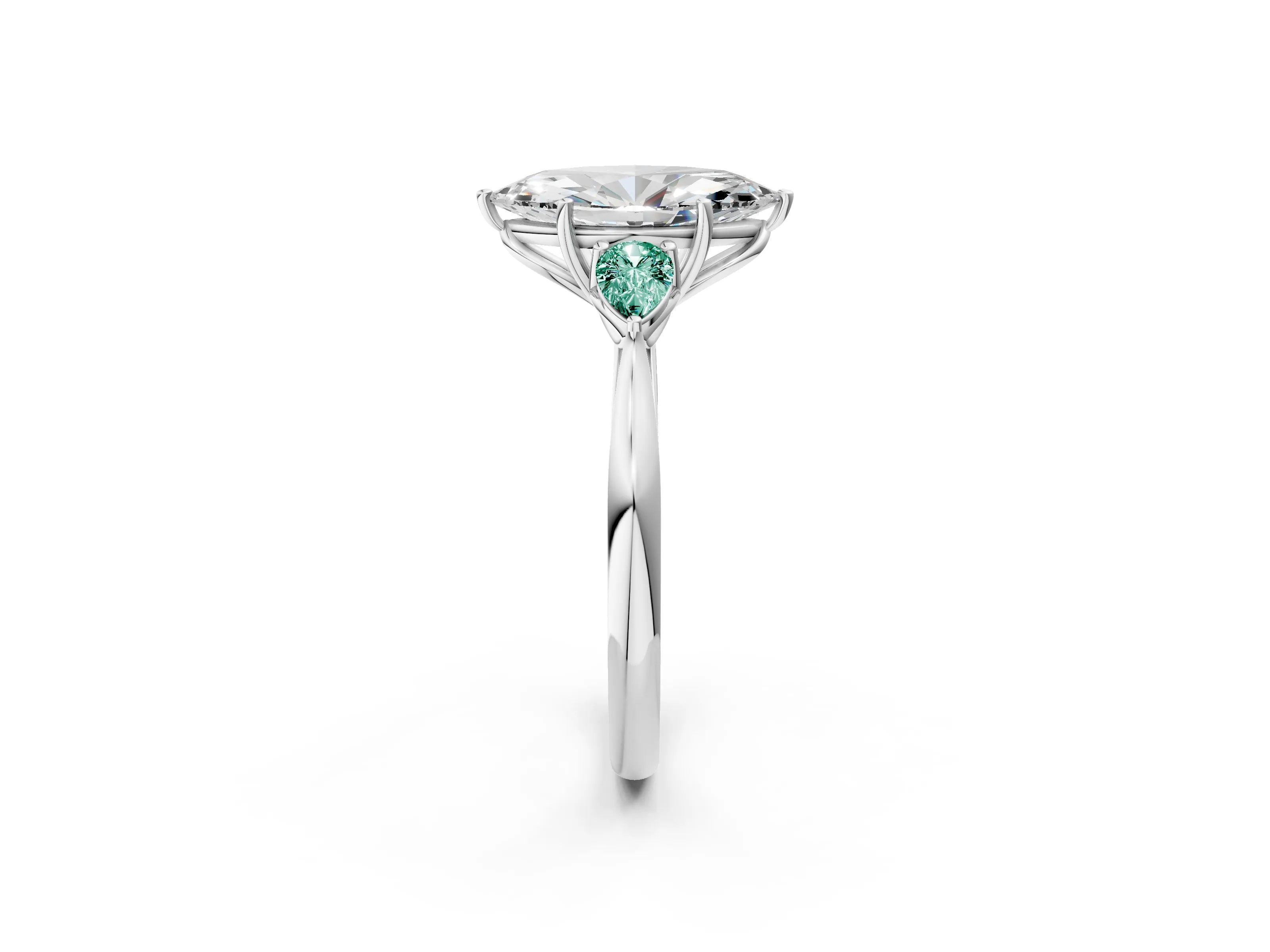 White gold Marquise Cut Diamond Three-Stone Ring with Pear with Green Sapphire side stone Side Stones and Prong Setting_56