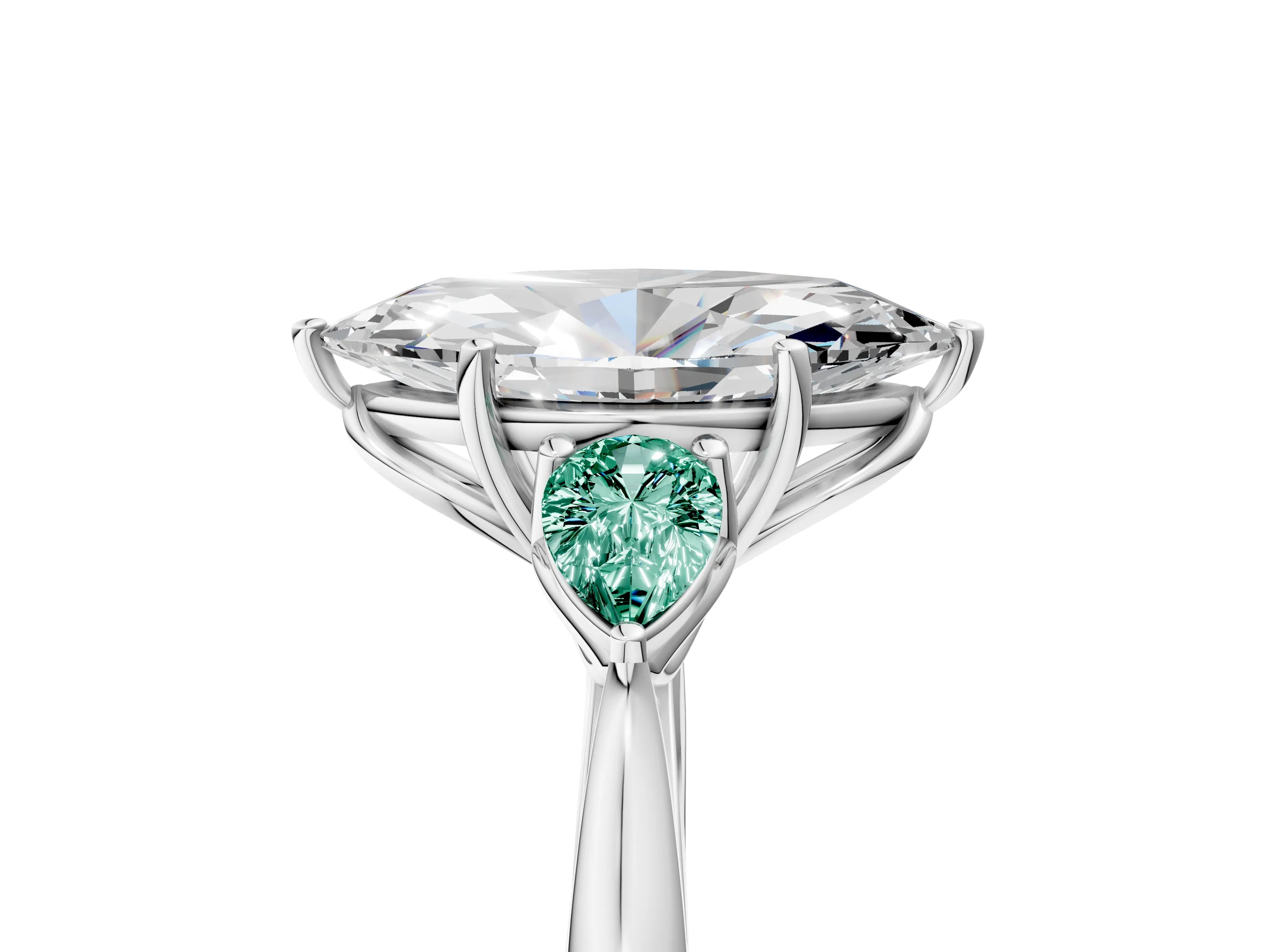 White gold Marquise Cut Diamond Three-Stone Ring with Pear with Green Sapphire side stone Side Stones and Prong Setting_59