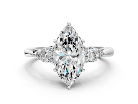 White gold Marquise Cut Diamond Three-Stone Ring with Pear with Moissanite side stone Side Stones and Prong Setting_36