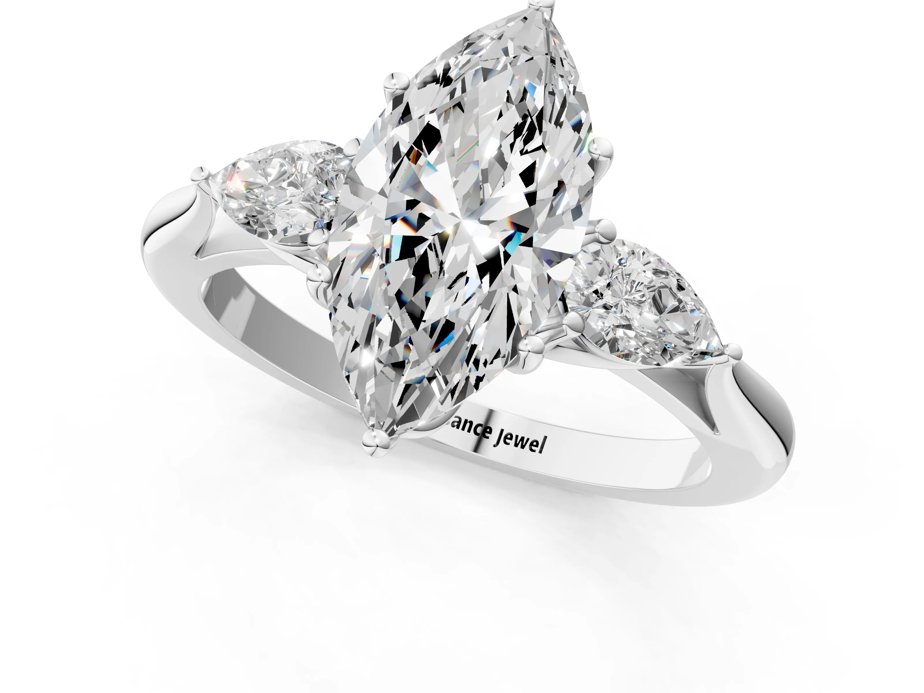 White gold Marquise Cut Diamond Three-Stone Ring with Pear with Moissanite side stone Side Stones and Prong Setting_37
