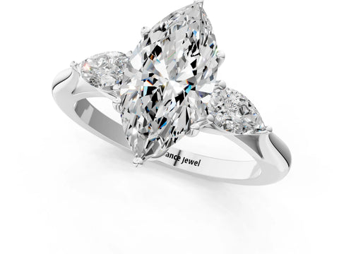 White gold Marquise Cut Diamond Three-Stone Ring with Pear with Moissanite side stone Side Stones and Prong Setting_37