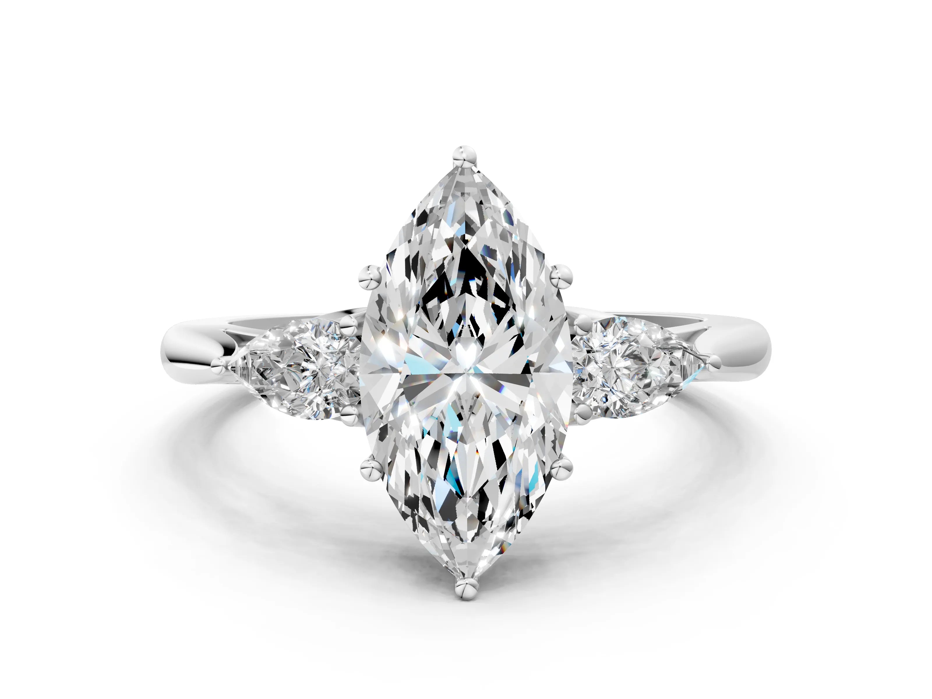 White gold Marquise Cut Diamond Three-Stone Ring with Pear with Moissanite side stone Side Stones and Prong Setting_60