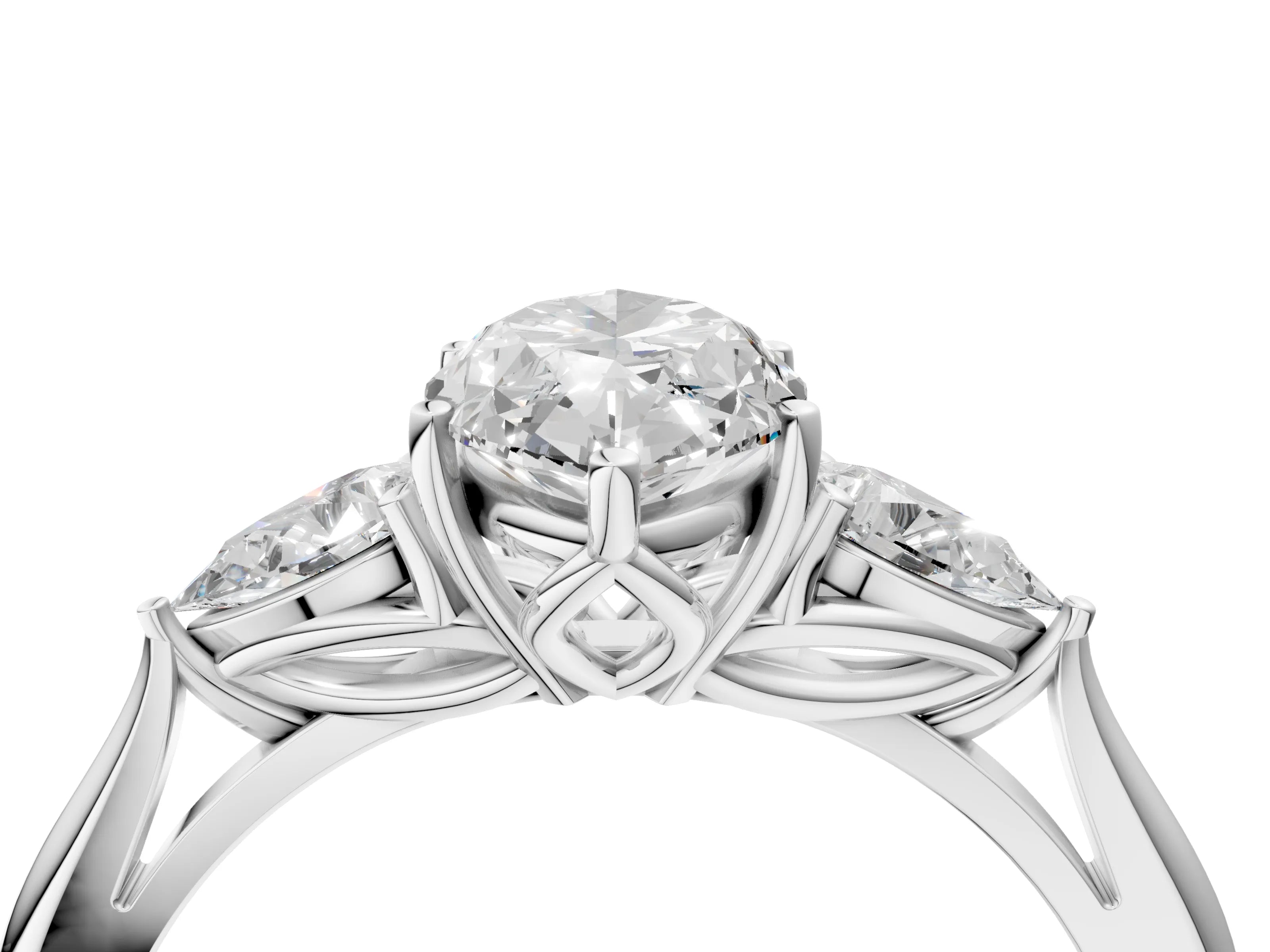 White gold Marquise Cut Diamond Three-Stone Ring with Pear with Moissanite side stone Side Stones and Prong Setting_64