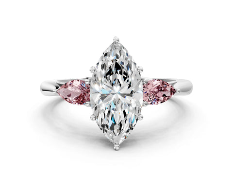 White gold Marquise Cut Diamond Three-Stone Ring with Pear with Morganite side stone Side Stones and Prong Setting_12