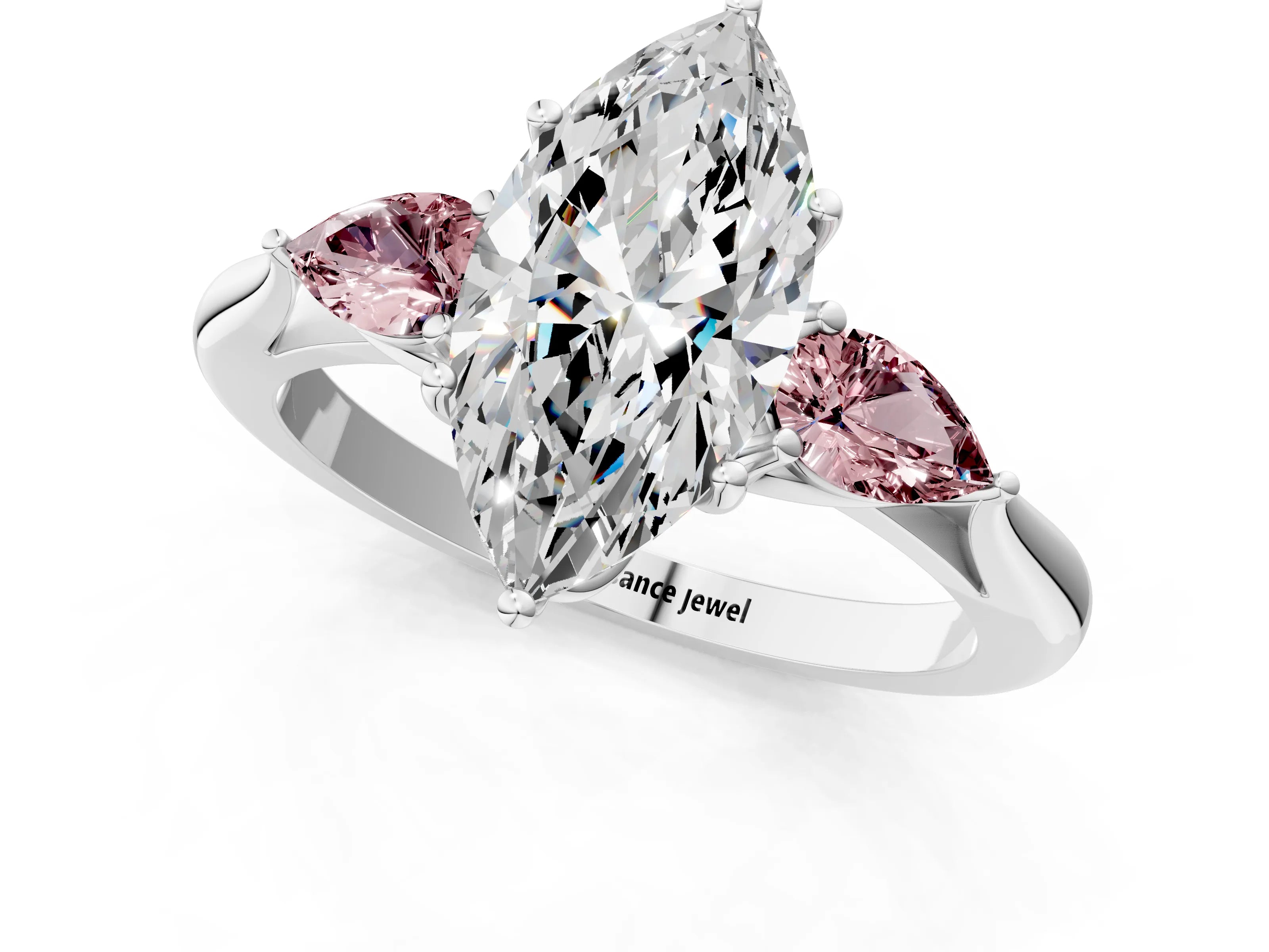 White gold Marquise Cut Diamond Three-Stone Ring with Pear with Morganite side stone Side Stones and Prong Setting_13
