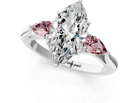 White gold Marquise Cut Diamond Three-Stone Ring with Pear with Morganite side stone Side Stones and Prong Setting_13