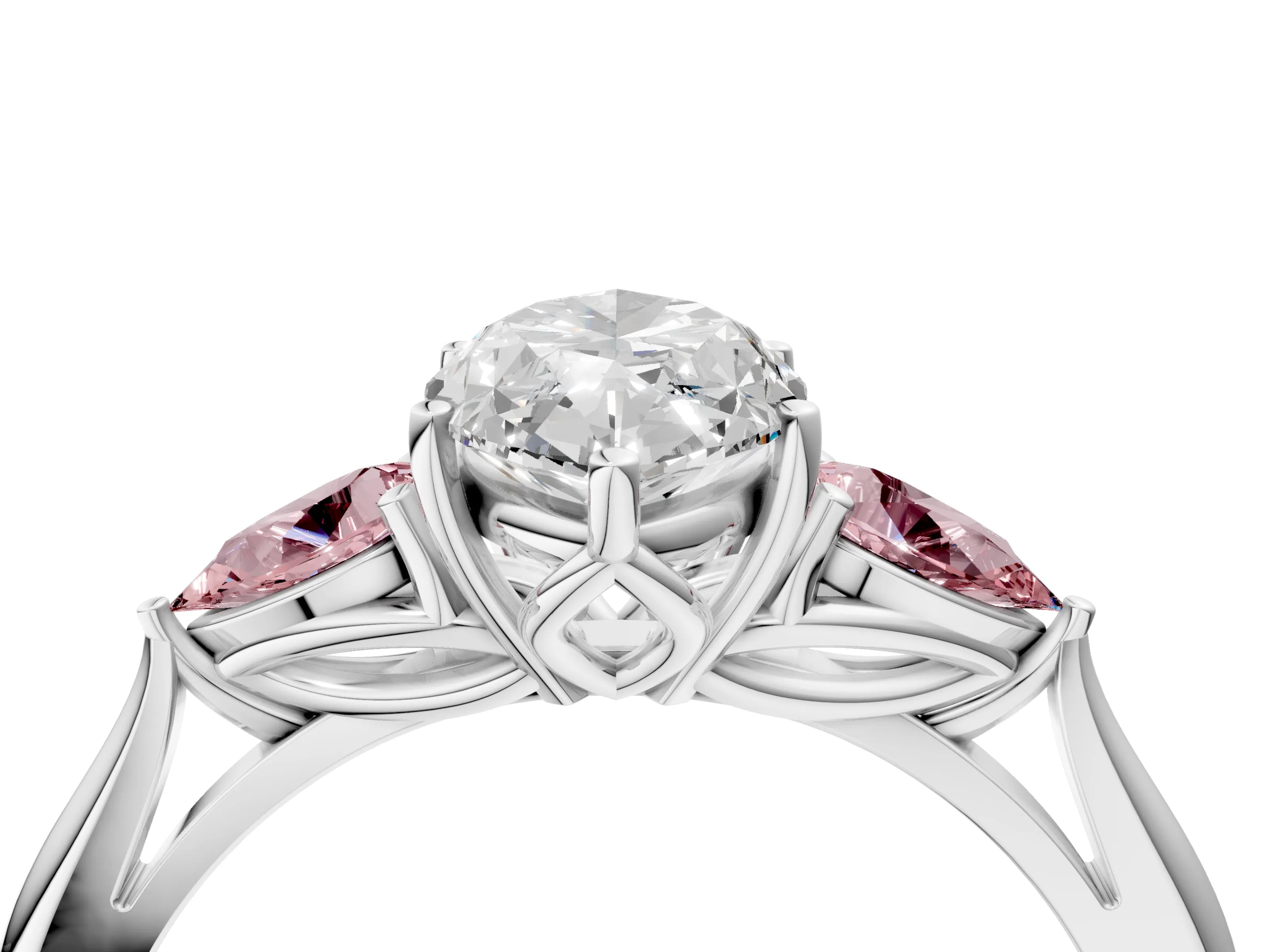 White gold Marquise Cut Diamond Three-Stone Ring with Pear with Morganite side stone Side Stones and Prong Setting_16
