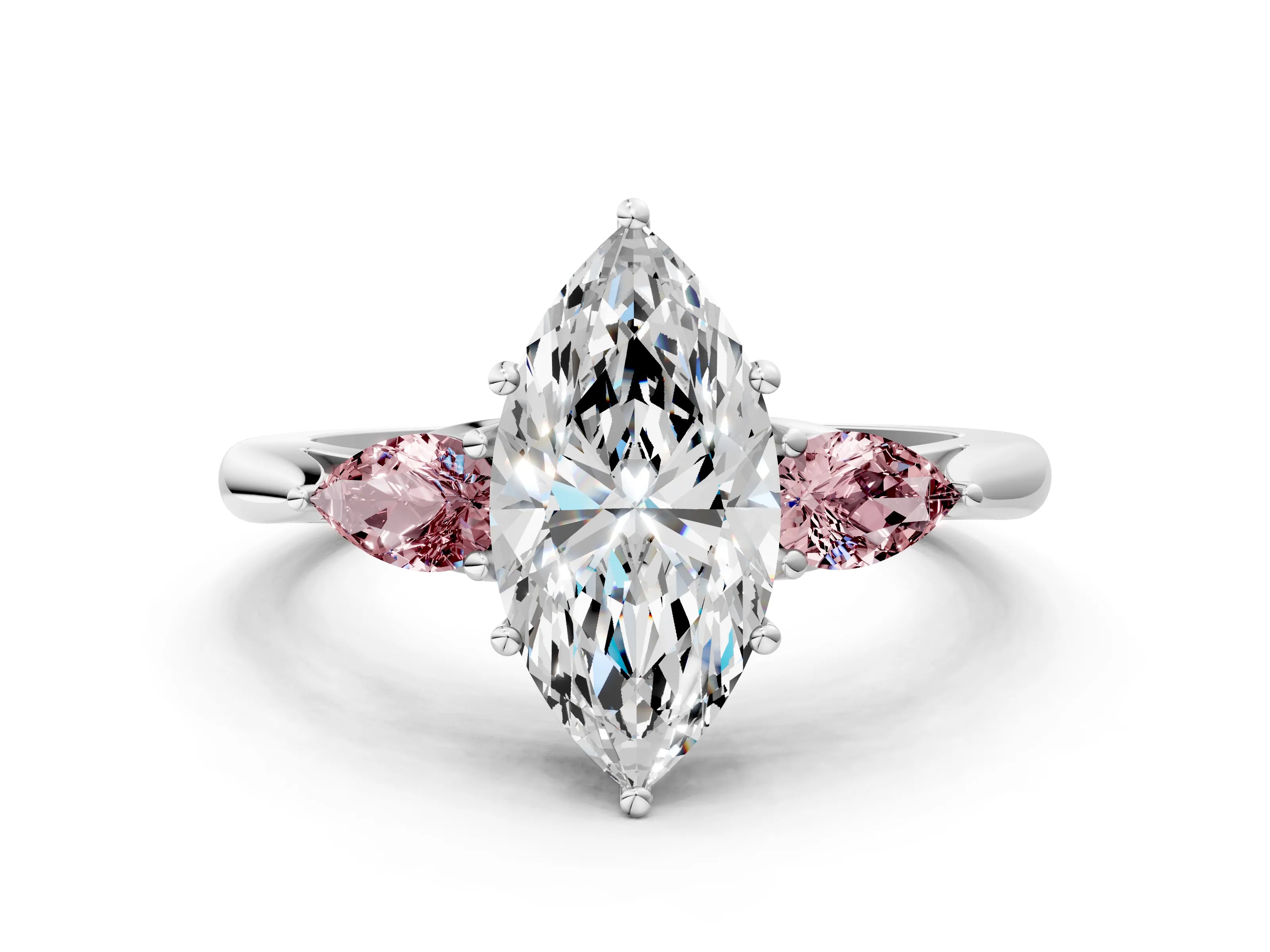 White gold Marquise Cut Diamond Three-Stone Ring with Pear with Morganite side stone Side Stones and Prong Setting_24