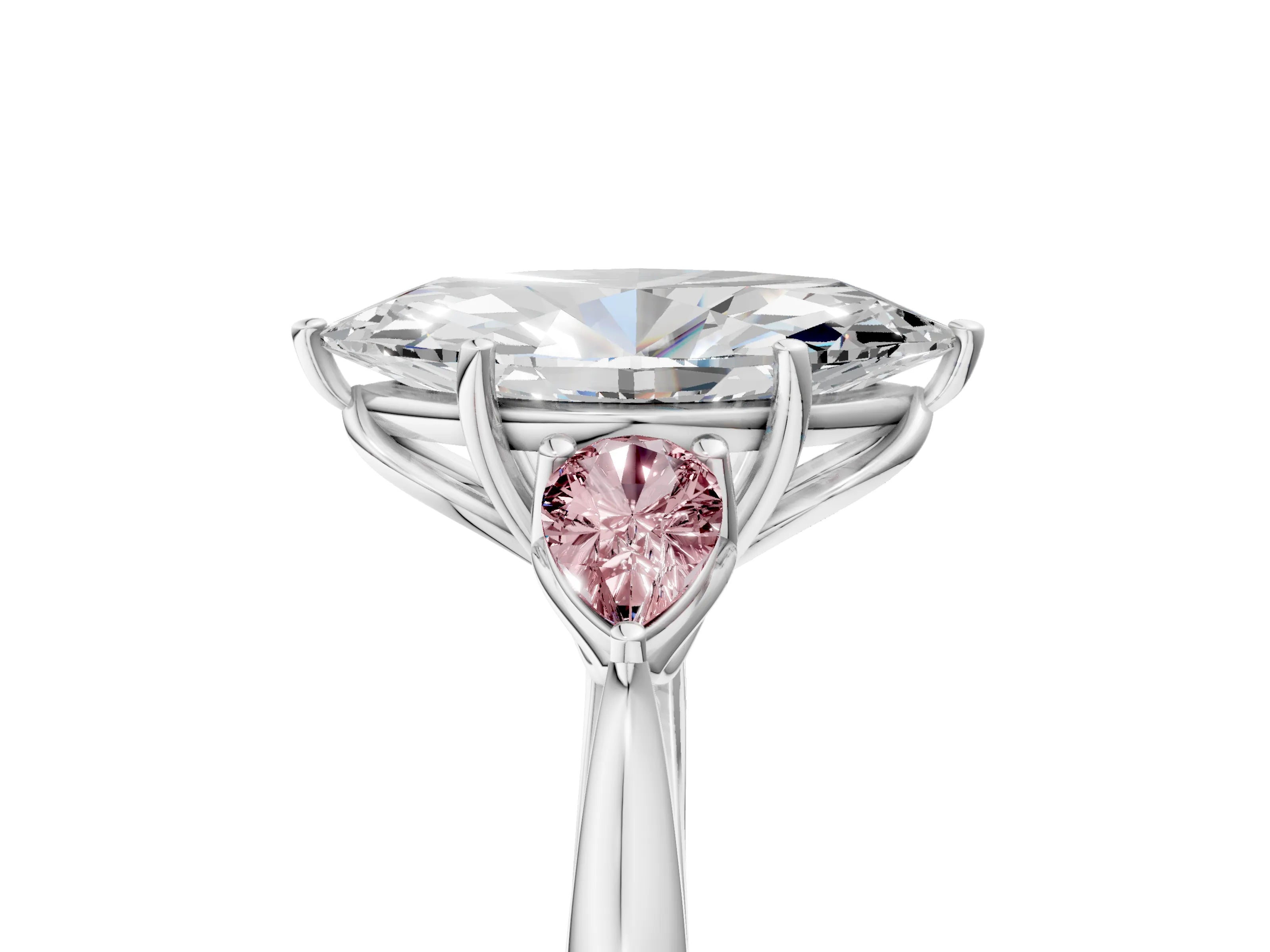 White gold Marquise Cut Diamond Three-Stone Ring with Pear with Morganite side stone Side Stones and Prong Setting_29