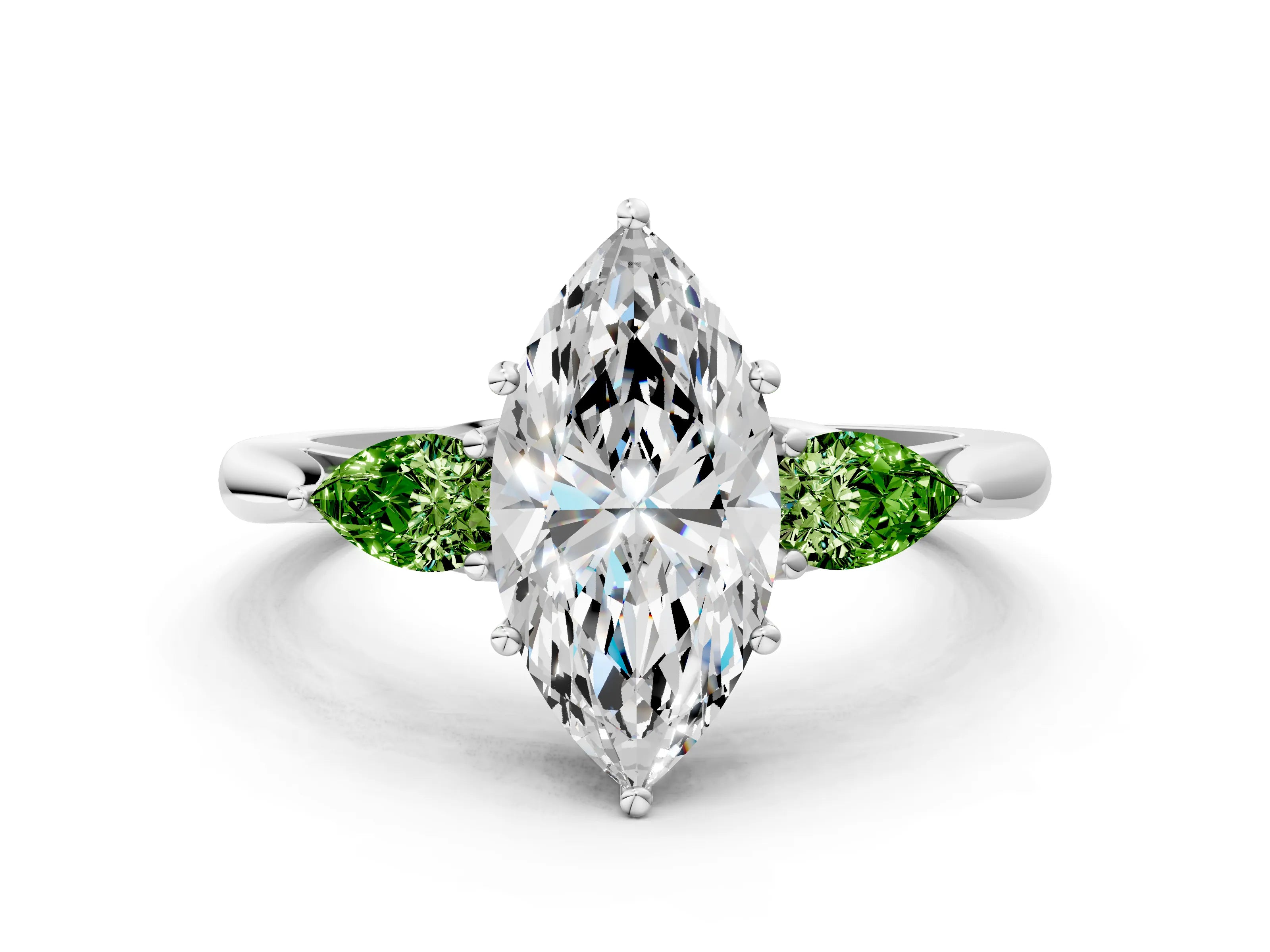 White gold Marquise Cut Diamond Three-Stone Ring with Pear with Peridot side stone Side Stones and Prong Setting_12