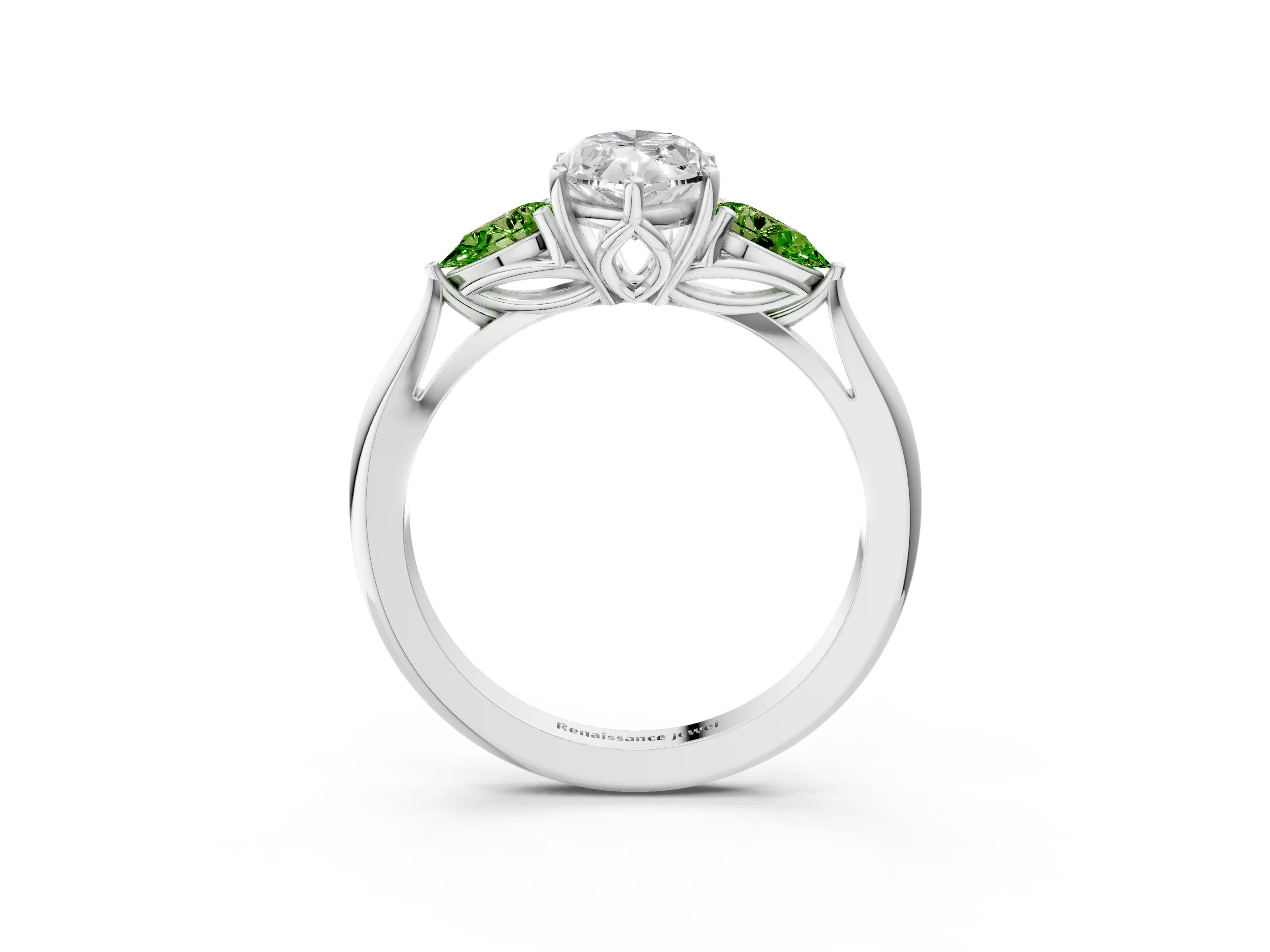 White gold Marquise Cut Diamond Three-Stone Ring with Pear with Peridot side stone Side Stones and Prong Setting_15