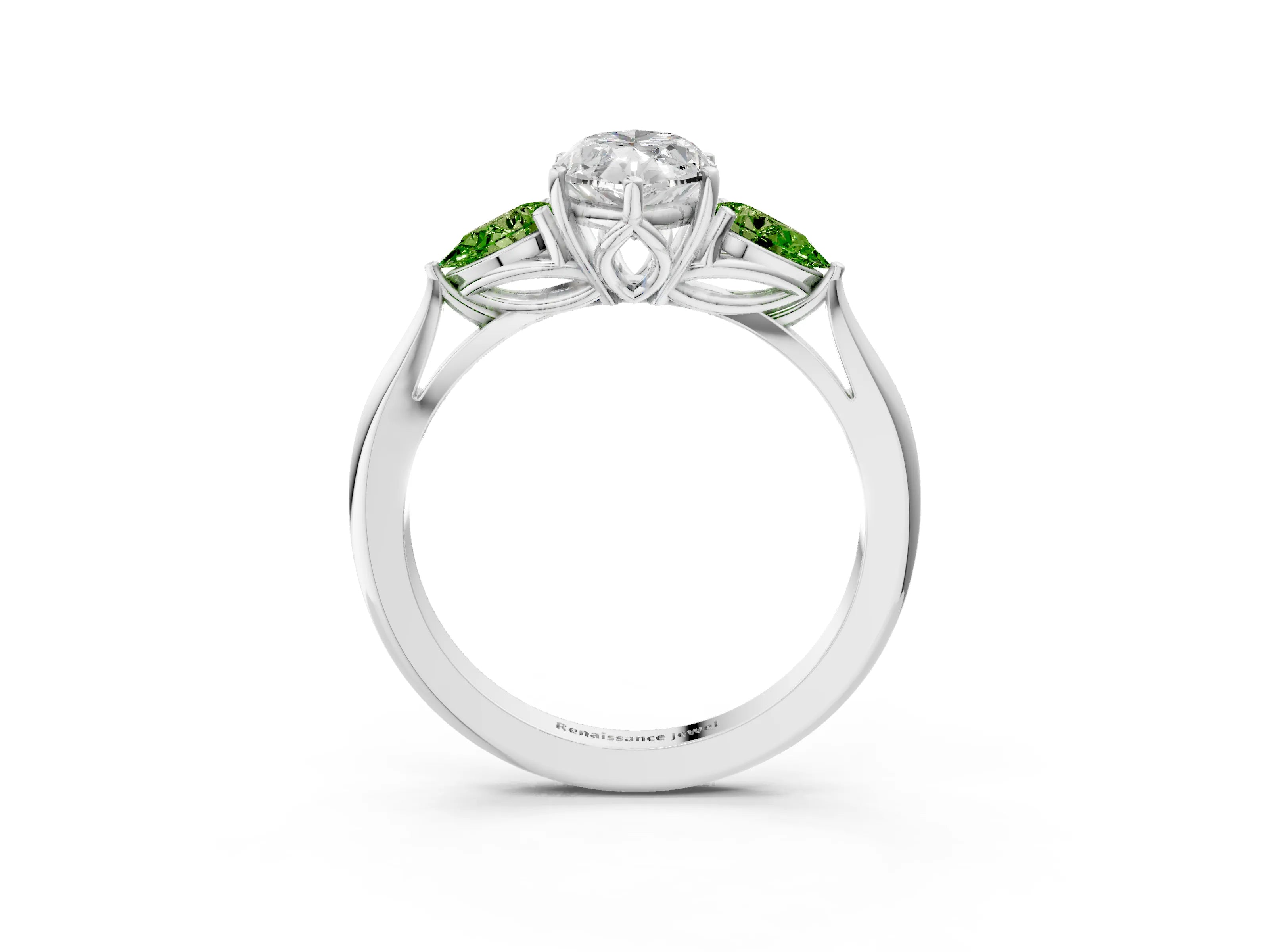 White gold Marquise Cut Diamond Three-Stone Ring with Pear with Peridot side stone Side Stones and Prong Setting_15