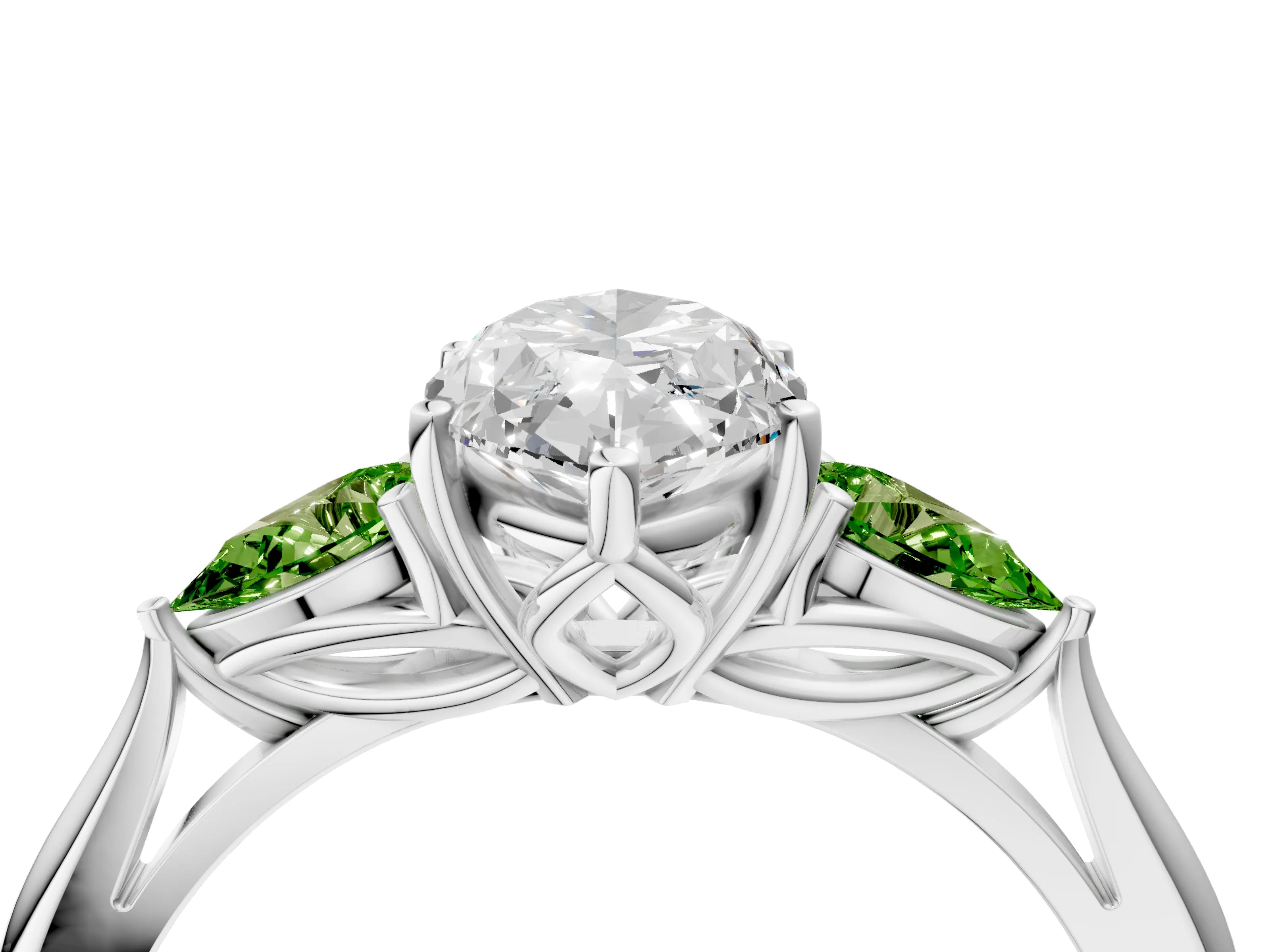 White gold Marquise Cut Diamond Three-Stone Ring with Pear with Peridot side stone Side Stones and Prong Setting_16