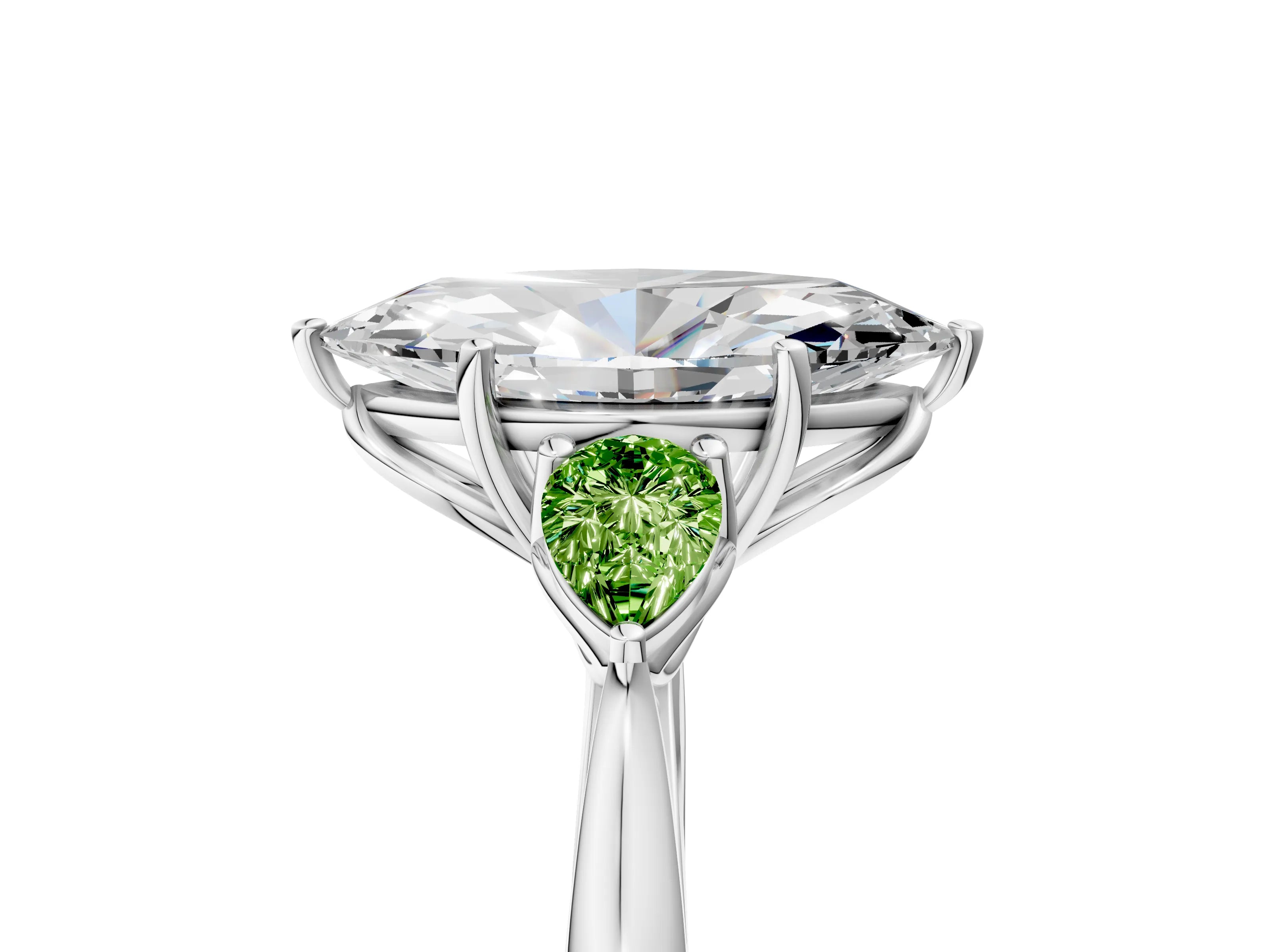 White gold Marquise Cut Diamond Three-Stone Ring with Pear with Peridot side stone Side Stones and Prong Setting_17