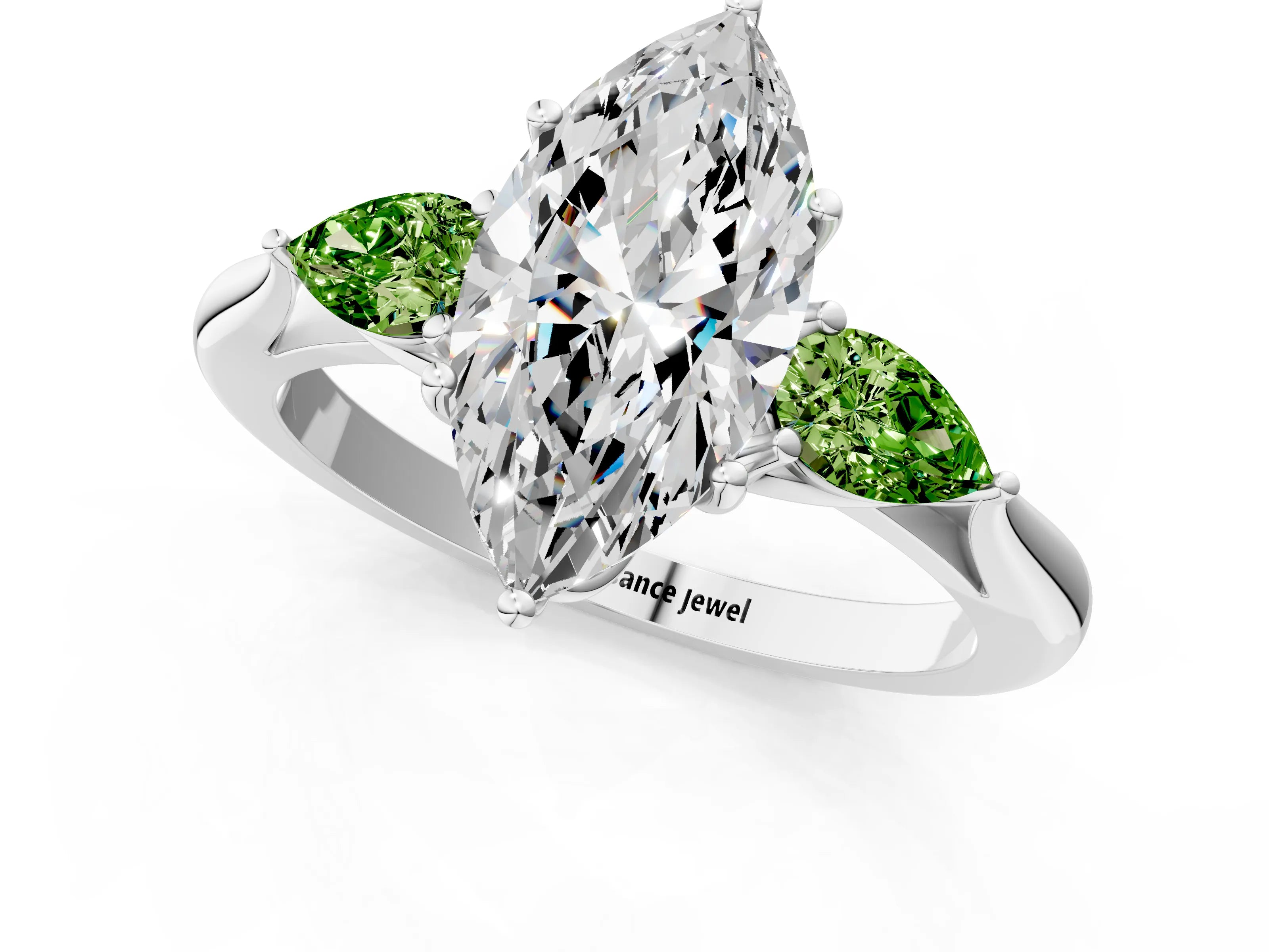 White gold Marquise Cut Diamond Three-Stone Ring with Pear with Peridot side stone Side Stones and Prong Setting_19
