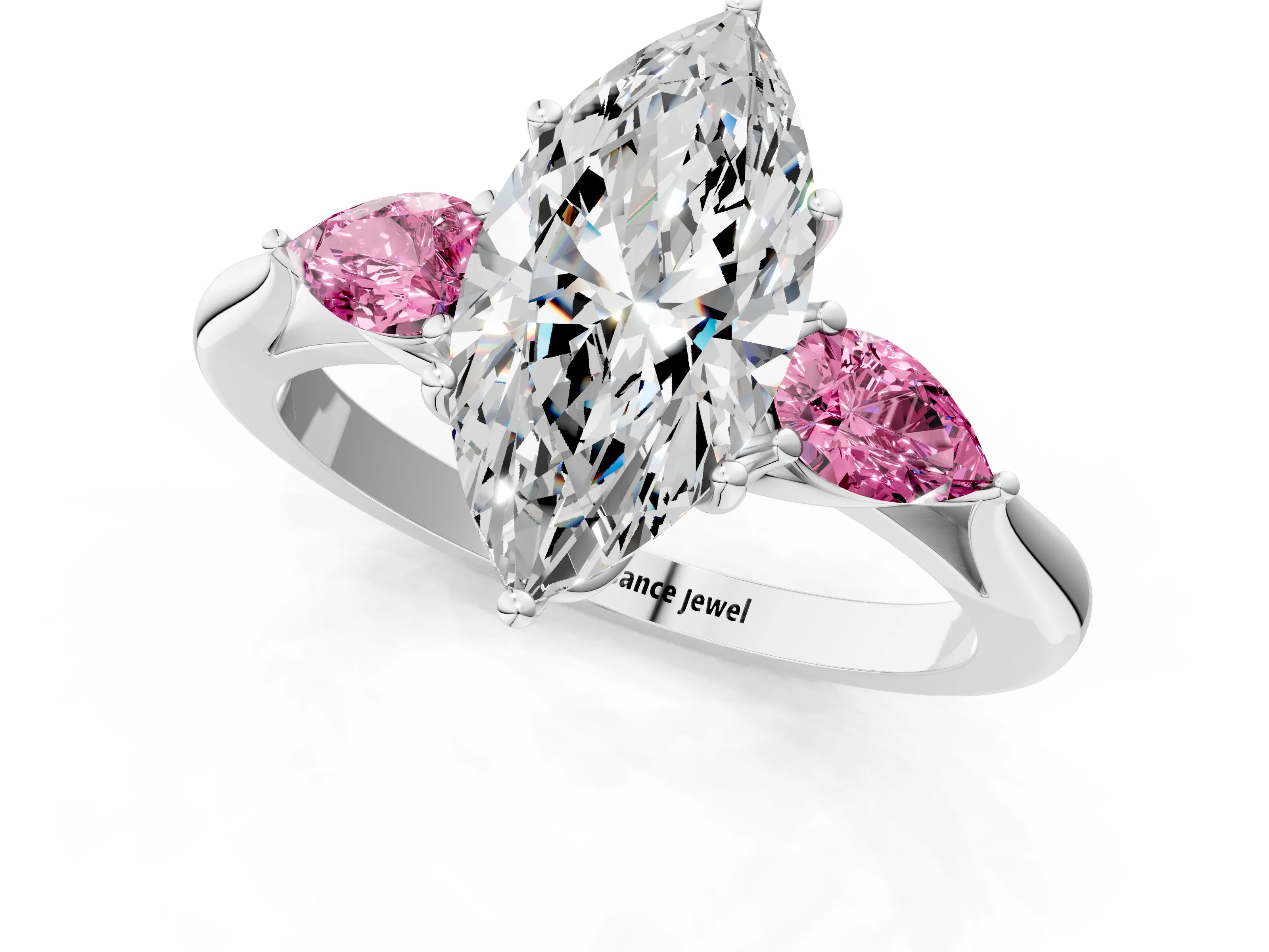 White gold Marquise Cut Diamond Three-Stone Ring with Pear with Pink Sapphire side stone Side Stones and Prong Setting_37