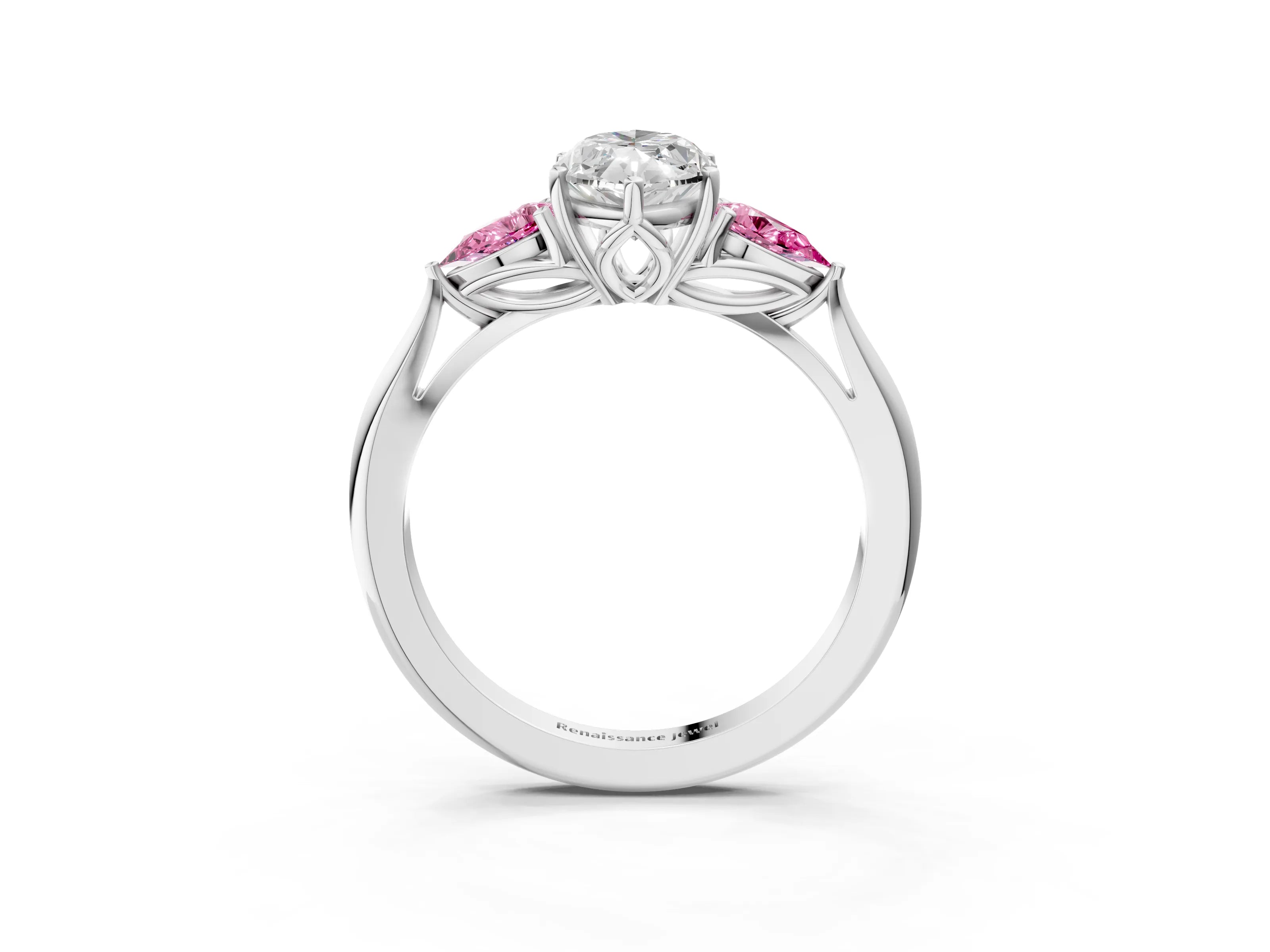 White gold Marquise Cut Diamond Three-Stone Ring with Pear with Pink Sapphire side stone Side Stones and Prong Setting_39