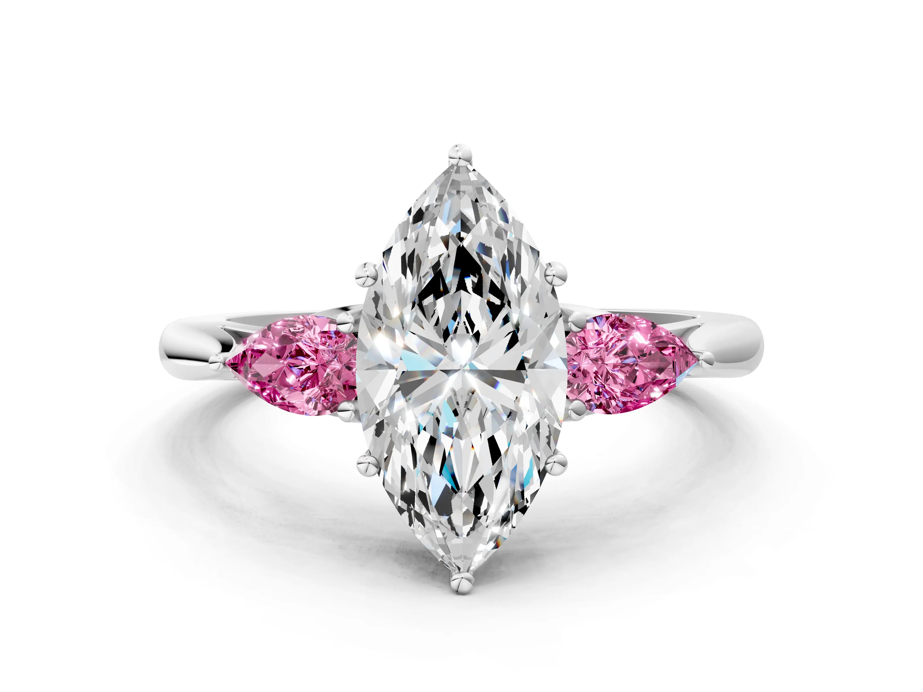 White gold Marquise Cut Diamond Three-Stone Ring with Pear with Pink Sapphire side stone Side Stones and Prong Setting_48