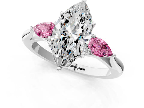 White gold Marquise Cut Diamond Three-Stone Ring with Pear with Pink Sapphire side stone Side Stones and Prong Setting_49