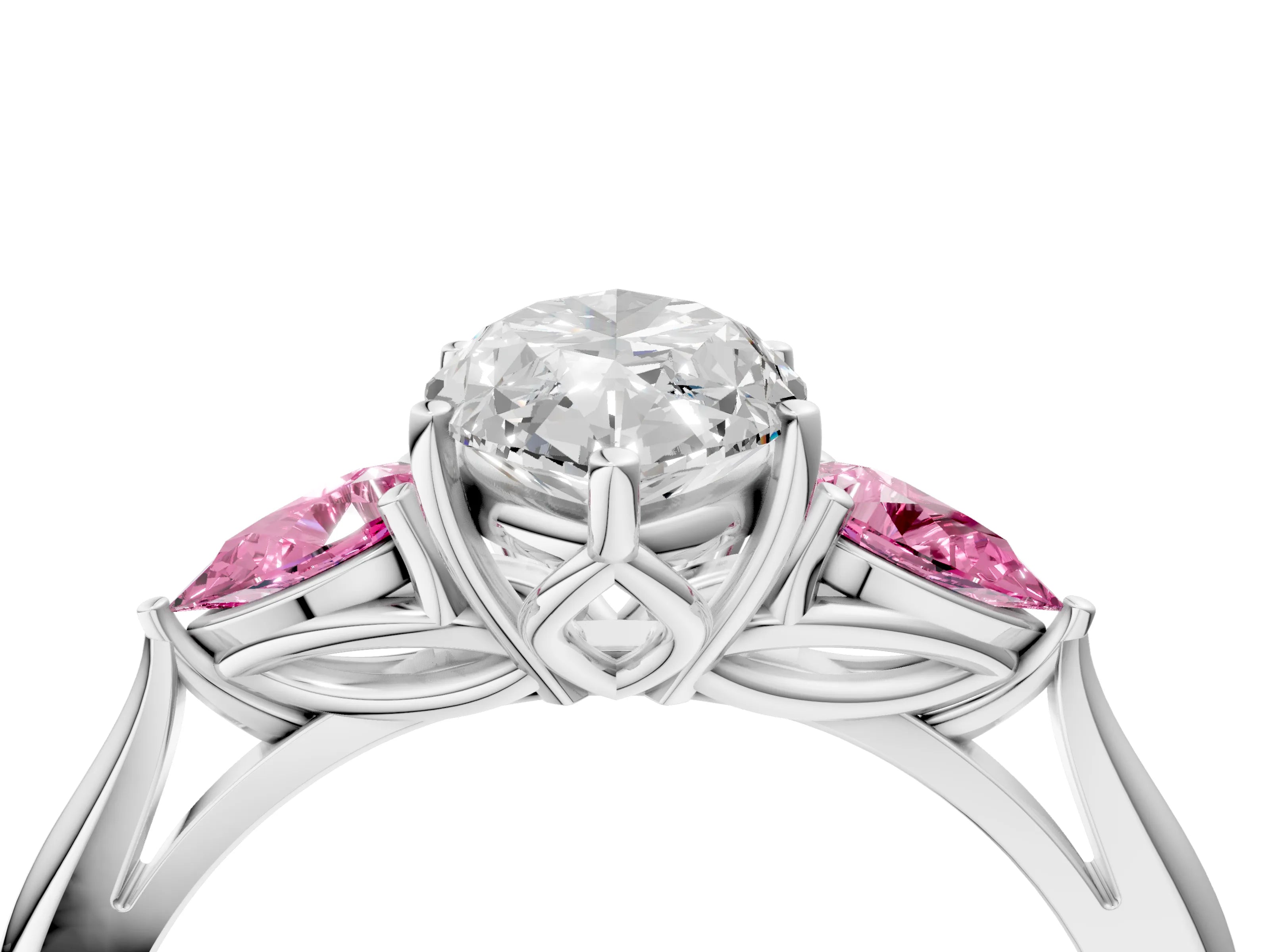 White gold Marquise Cut Diamond Three-Stone Ring with Pear with Pink Sapphire side stone Side Stones and Prong Setting_52