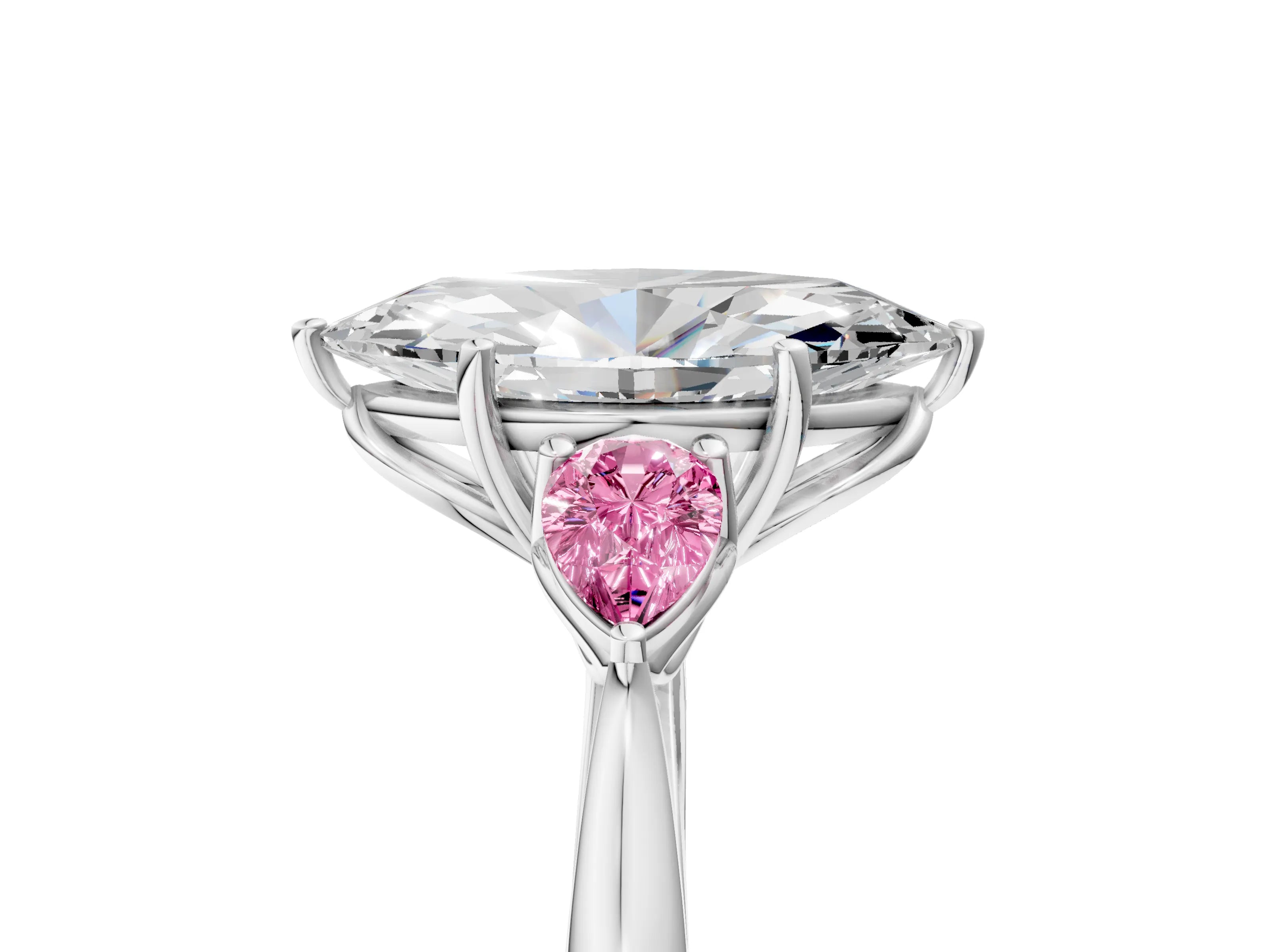 White gold Marquise Cut Diamond Three-Stone Ring with Pear with Pink Sapphire side stone Side Stones and Prong Setting_53